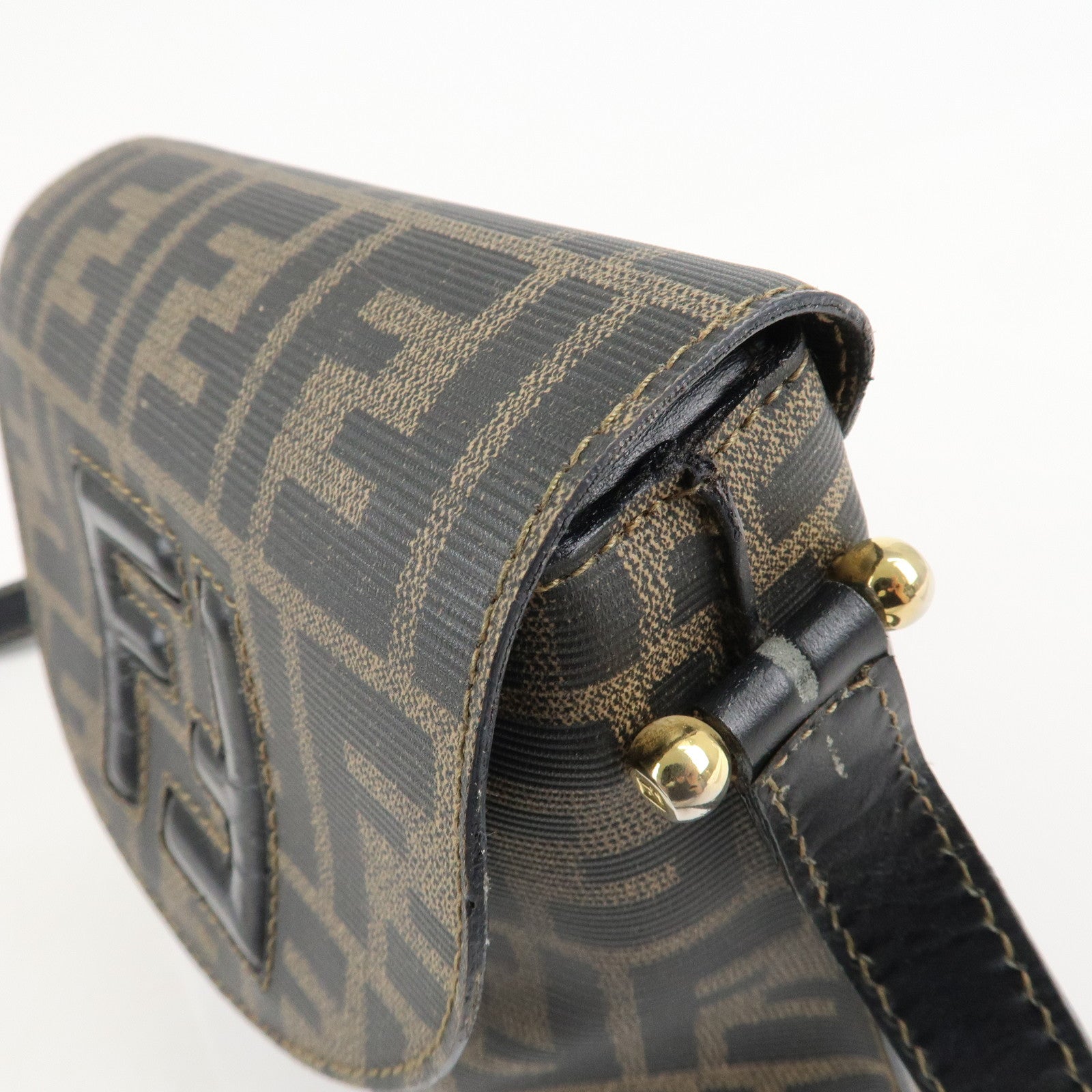 FENDI Zucca Logo Print PVC Leather Shoulder Bag Black Brown Used