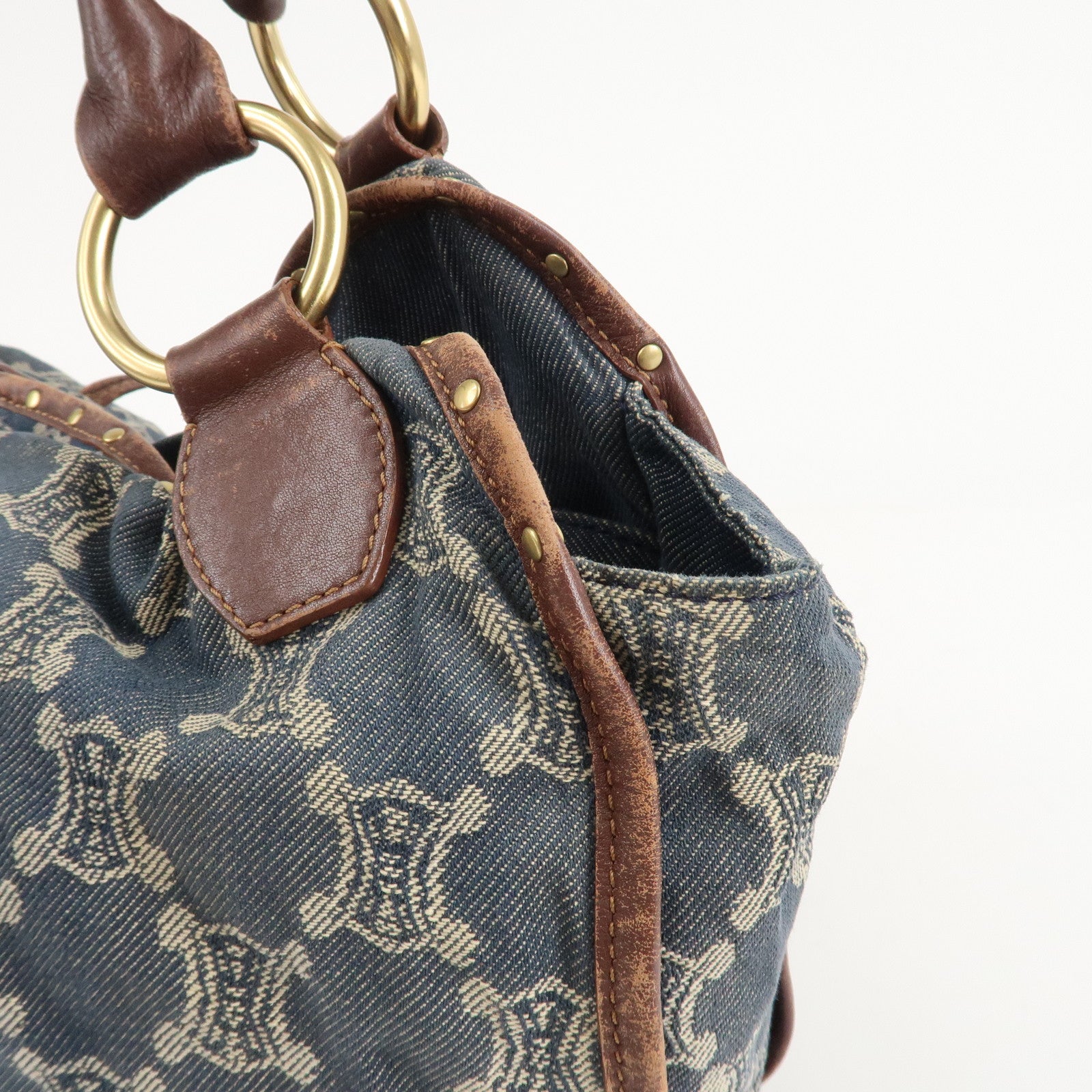 CELINE Macadam Denim Leather Bittersweet Shoudler Bag Navy Brown Used