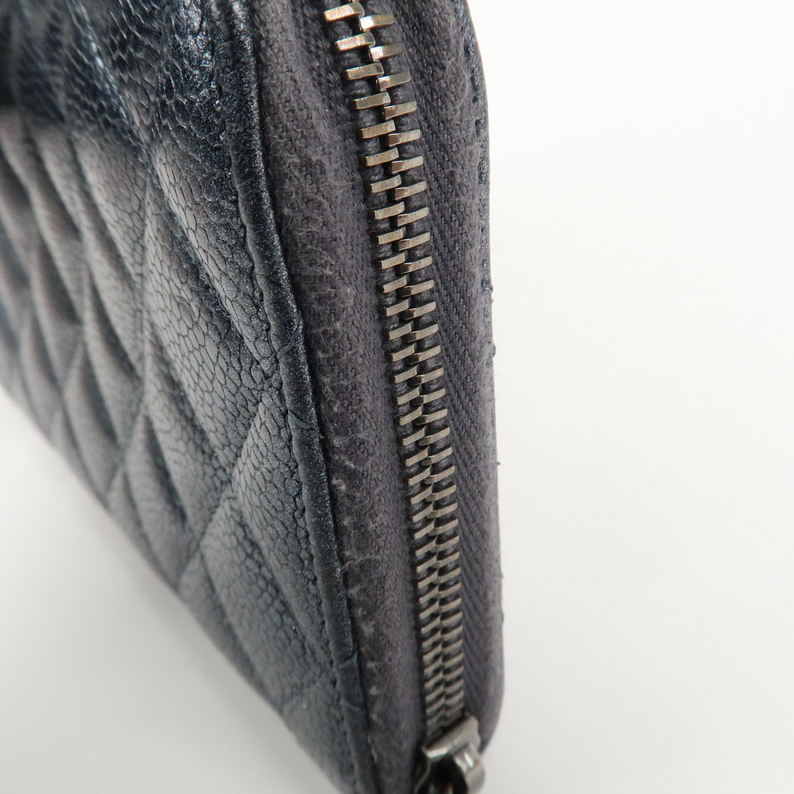 CHANEL Matelasse Caviar Skin Zip Around Long Wallet Metal Blue Used