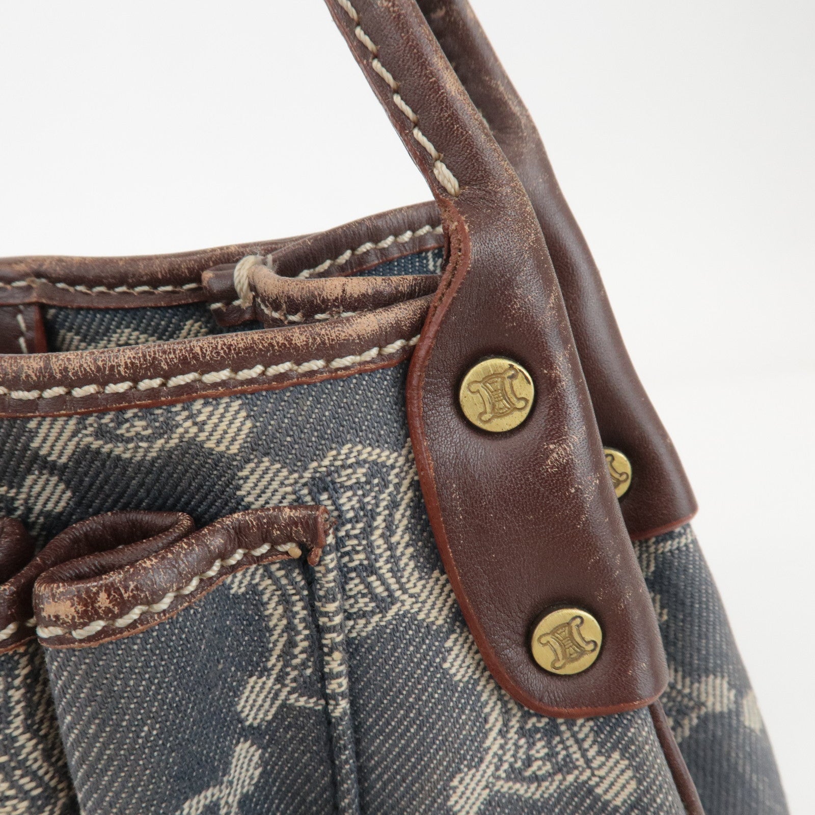 CELINE Macadam Denim Leather Shoulder Bag Blue Brown Used