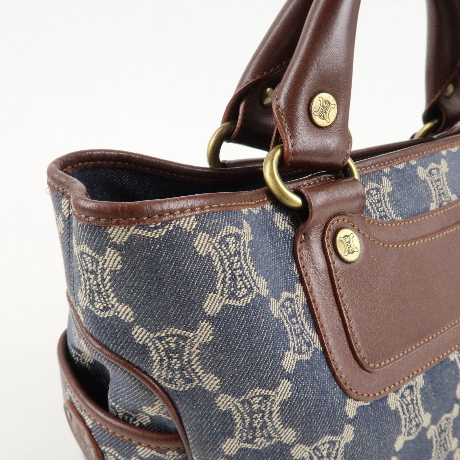 CELINE Macadam Denim Leather Boogie Bag Tote Bag Blue Brown Used