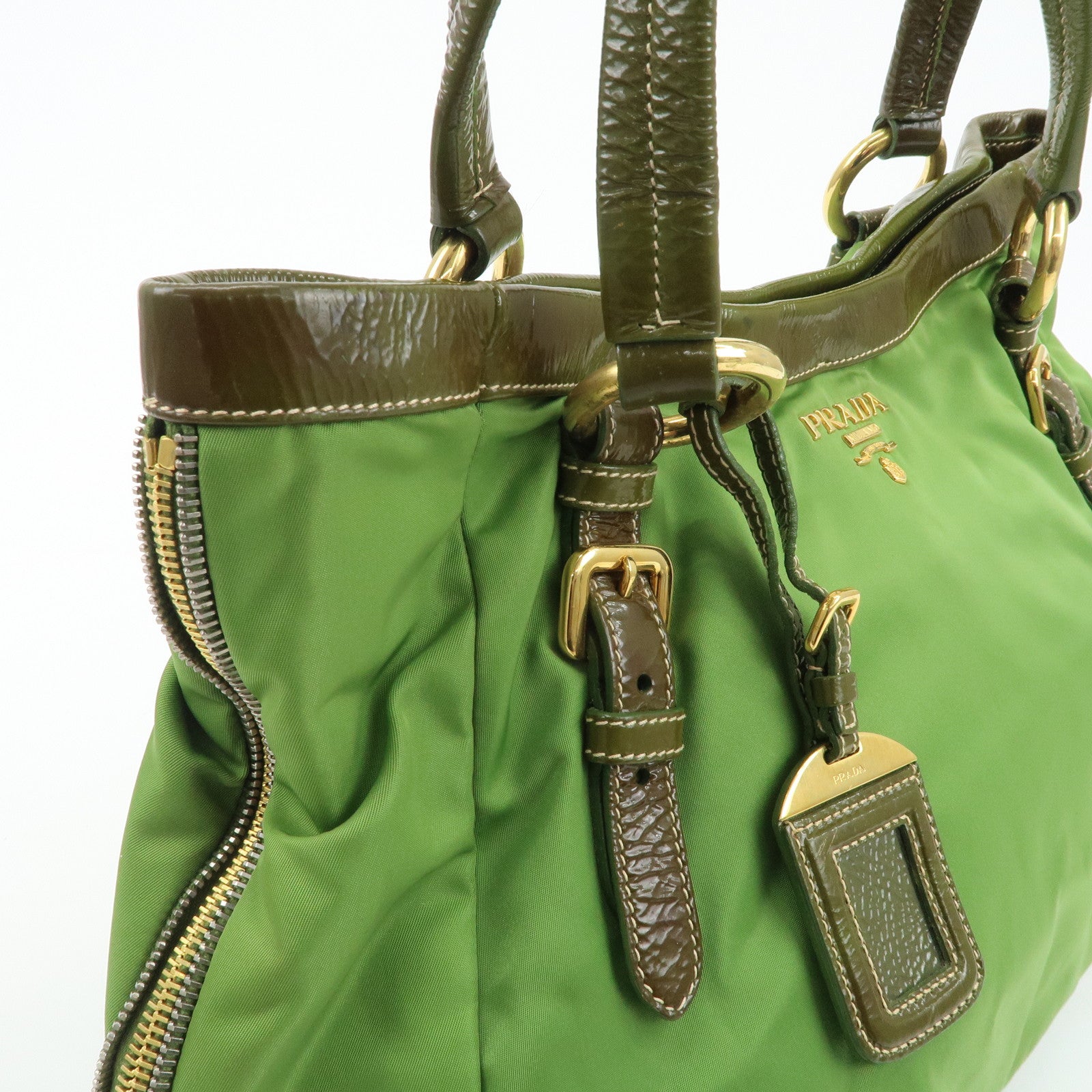 PRADA Nylon Patent Leather Tote Bag Shoulder Bag Green Khaki Used