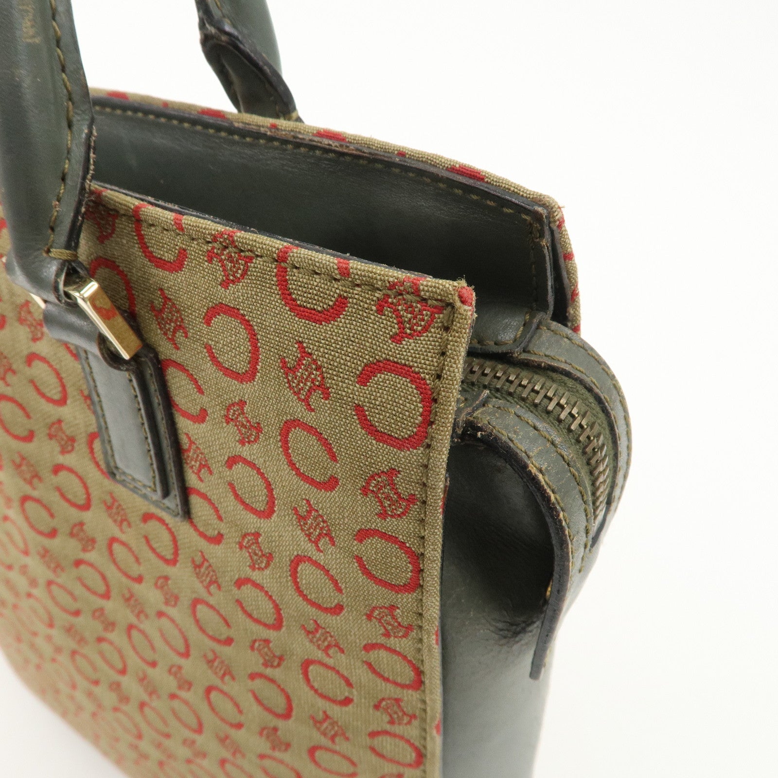 CELINE Macadam Canvas Hand Bag Brown Red Khaki Used