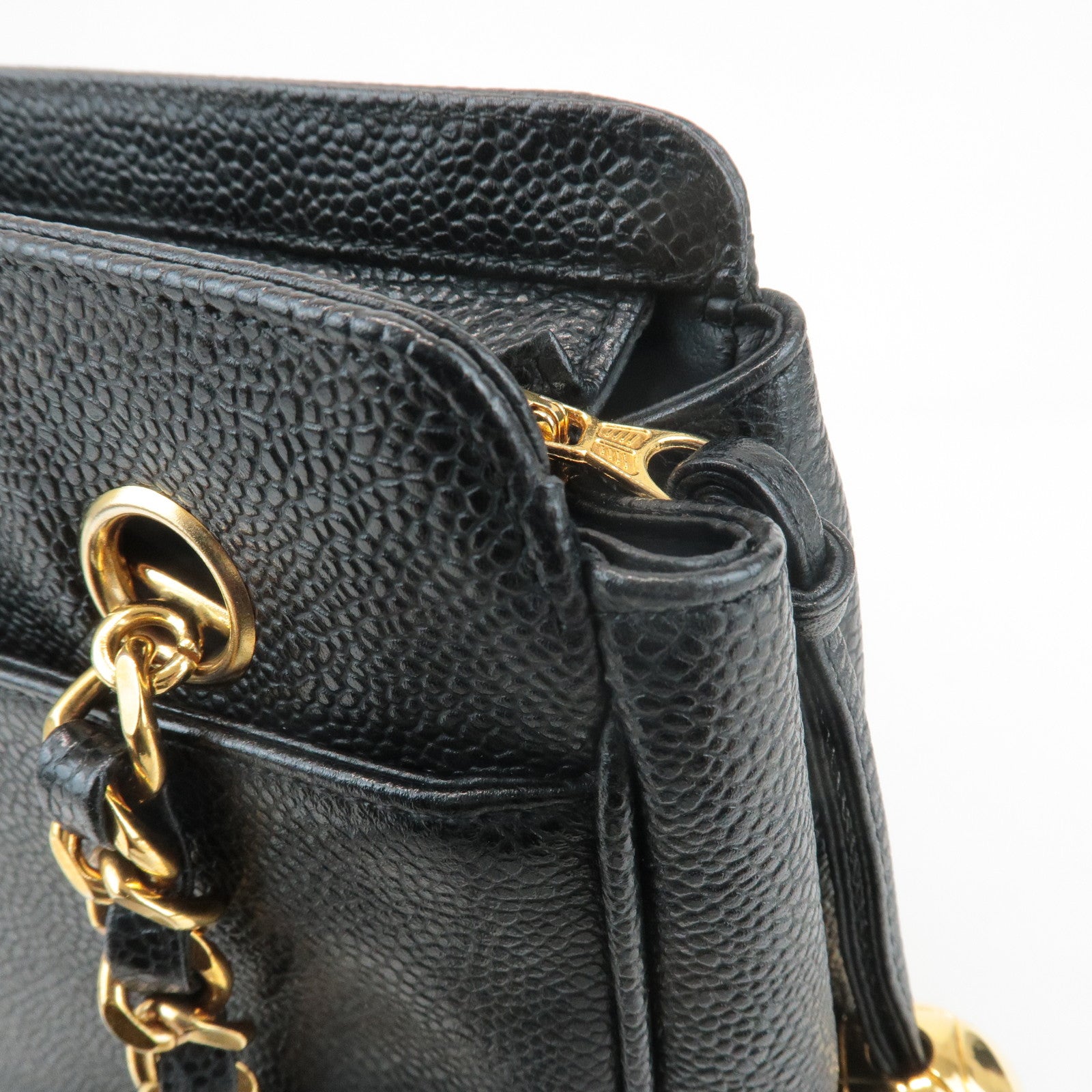 CHANEL Triple COCO Caviar Skin Tote Bag Black Gold Used