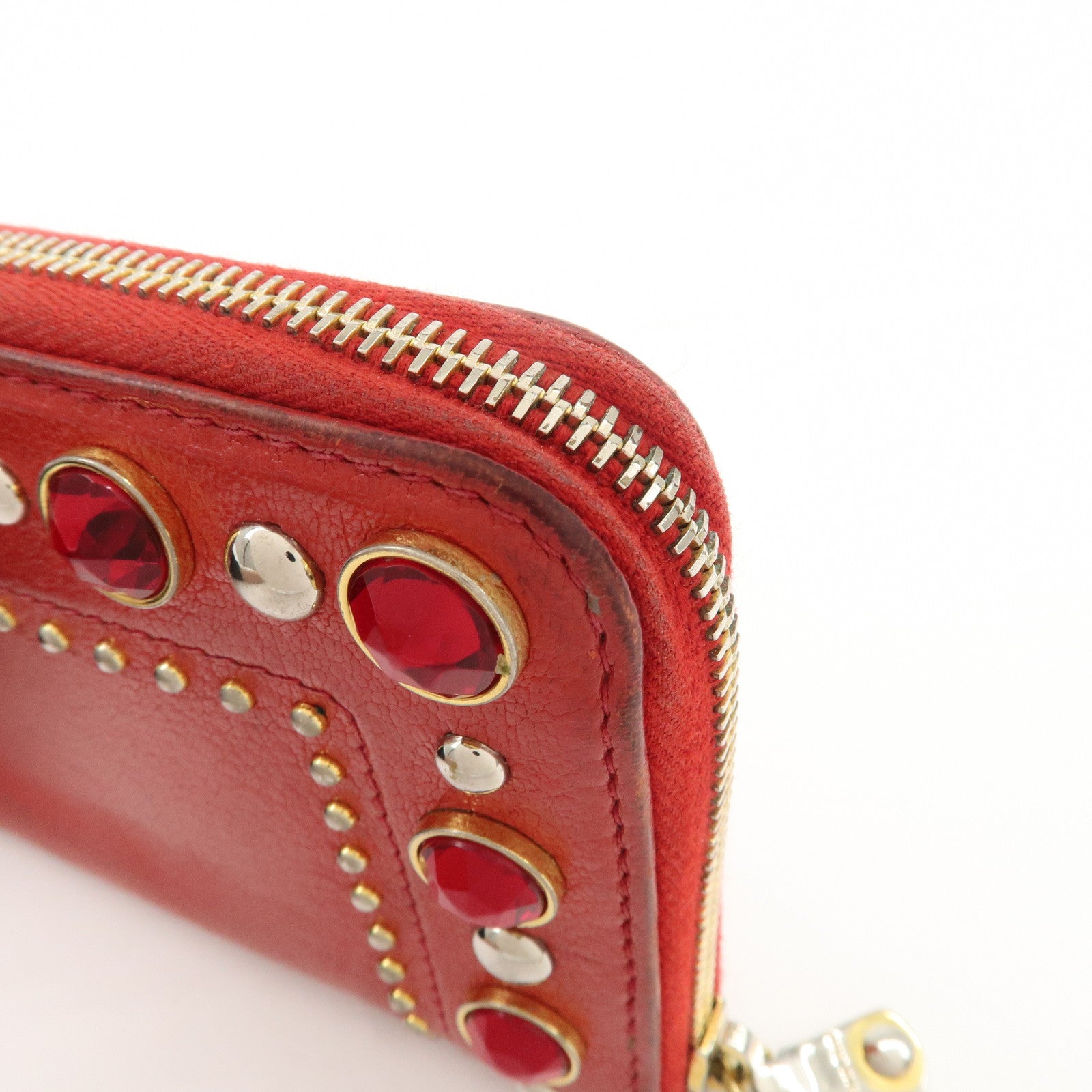 MIU MIU Leather Round Zipper Long Wallet Bijou Studs Red Used