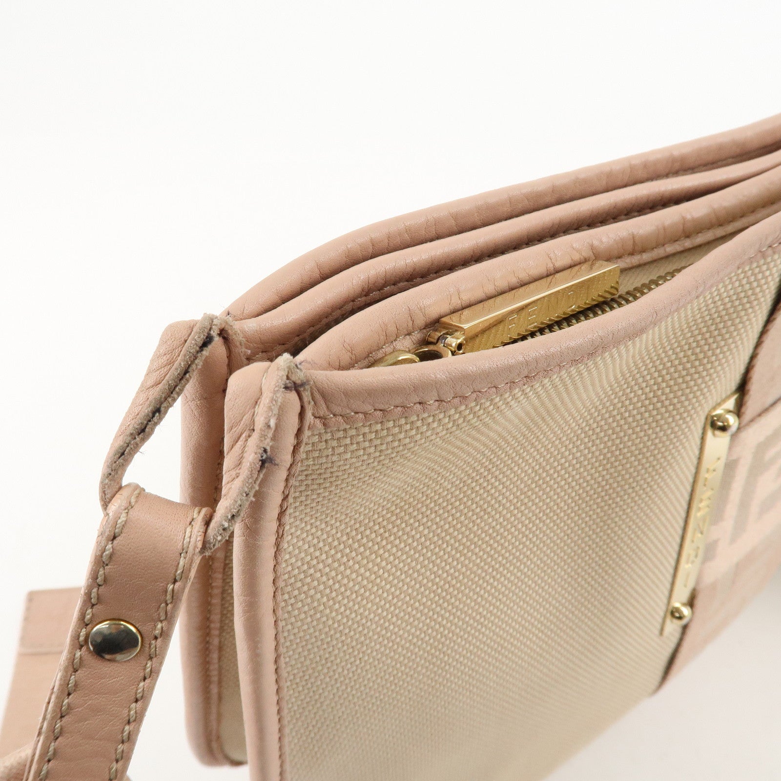 FENDI Logo Canvas Leather Shoulder Bag Beige Pink 8BT084 Used