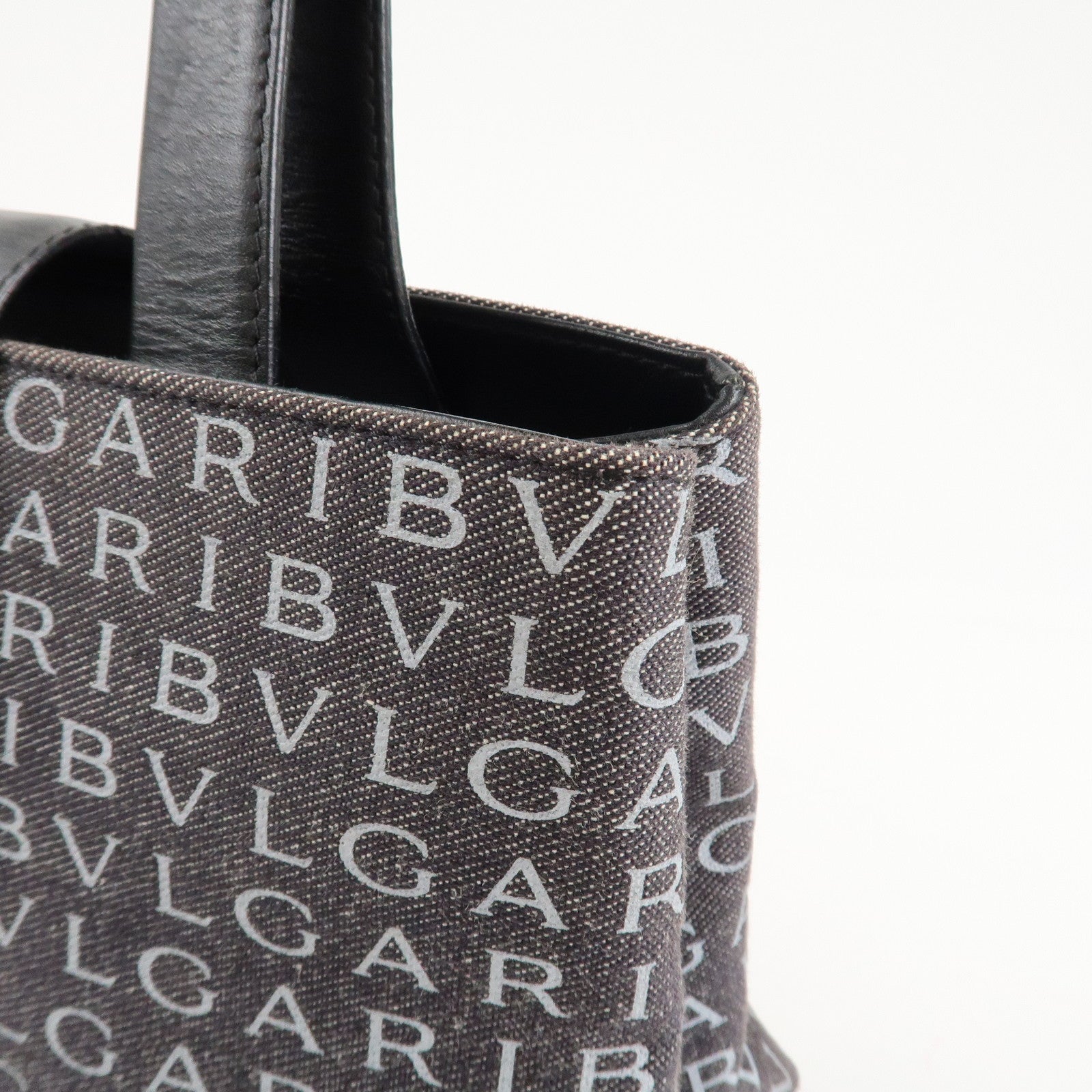 BVLGARI Logo Mania Canvas Leather Tote Bag Shoulder Bag Black Used