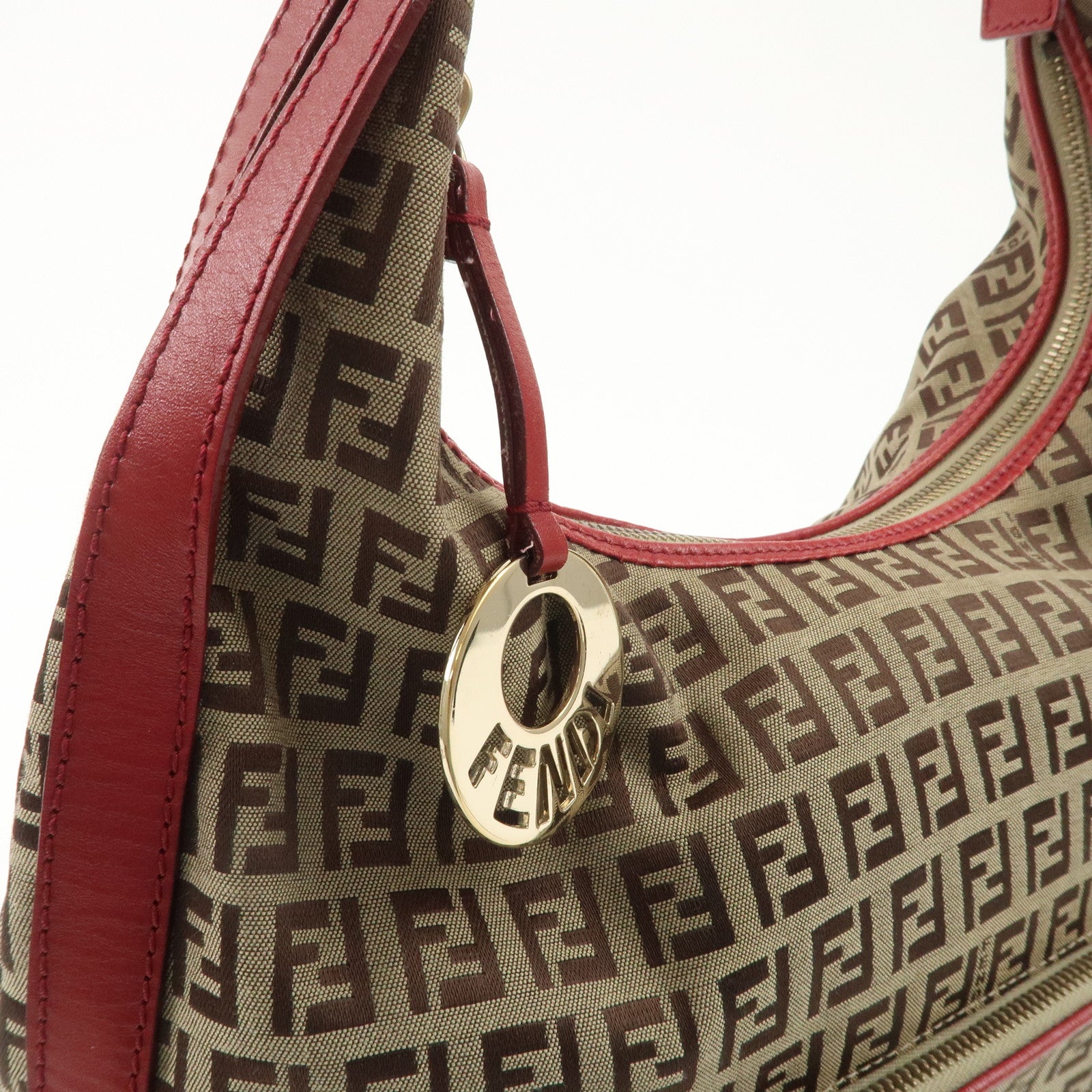FENDI Zucchino Canvas Leather Shoulder Bag Khaki Brown Red 8BR465 Used