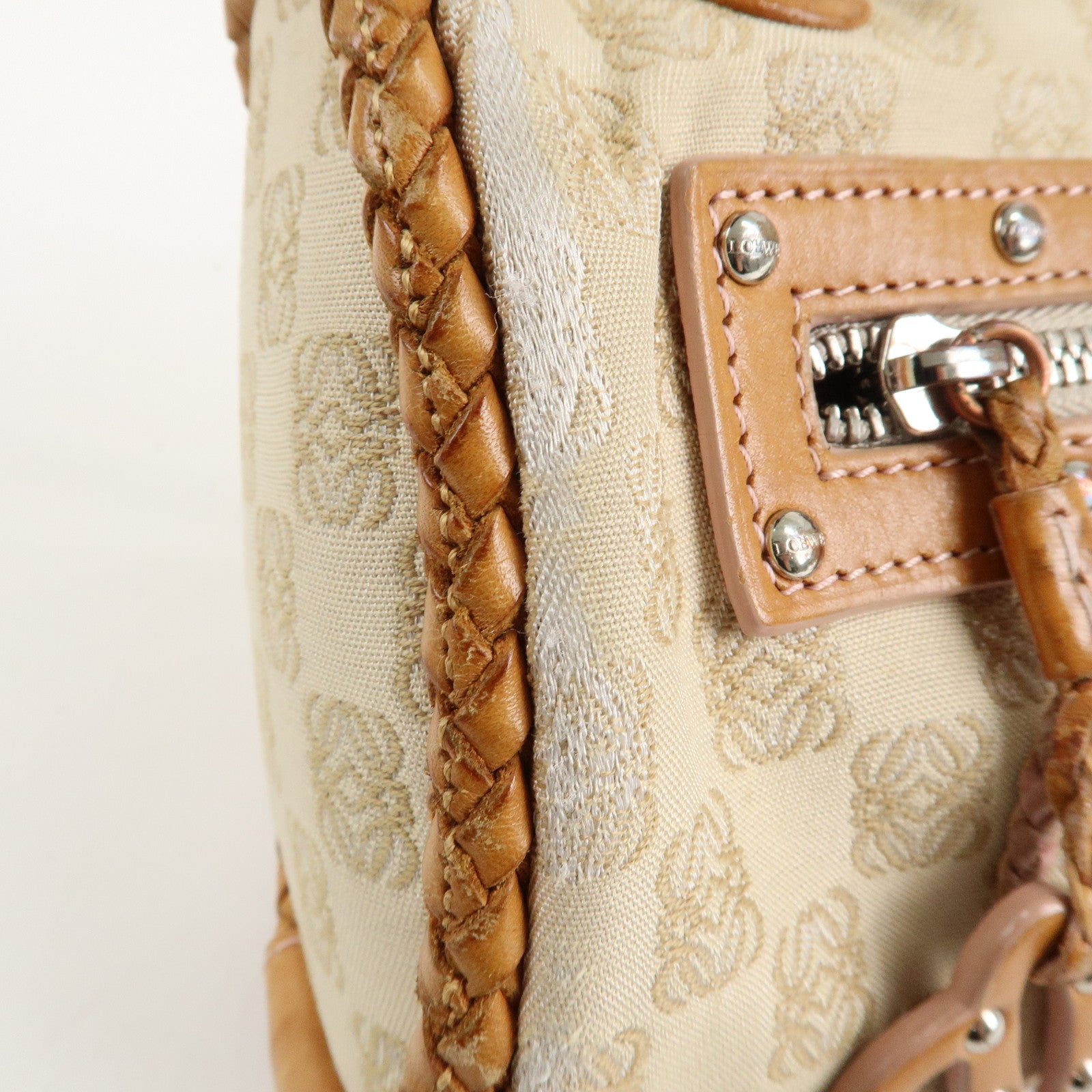 LOEWE Anagram Canvas Leather Shoulder Bag Boston Bag Beige Brown Used