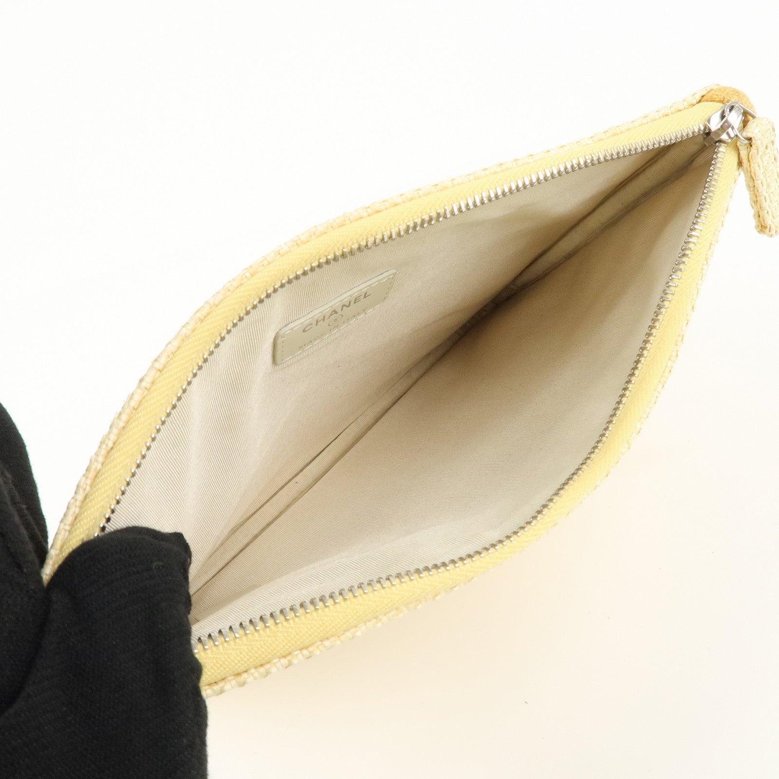 CHANEL Deauville Straw Clutch Bag Pouch Yellow A80117 Used