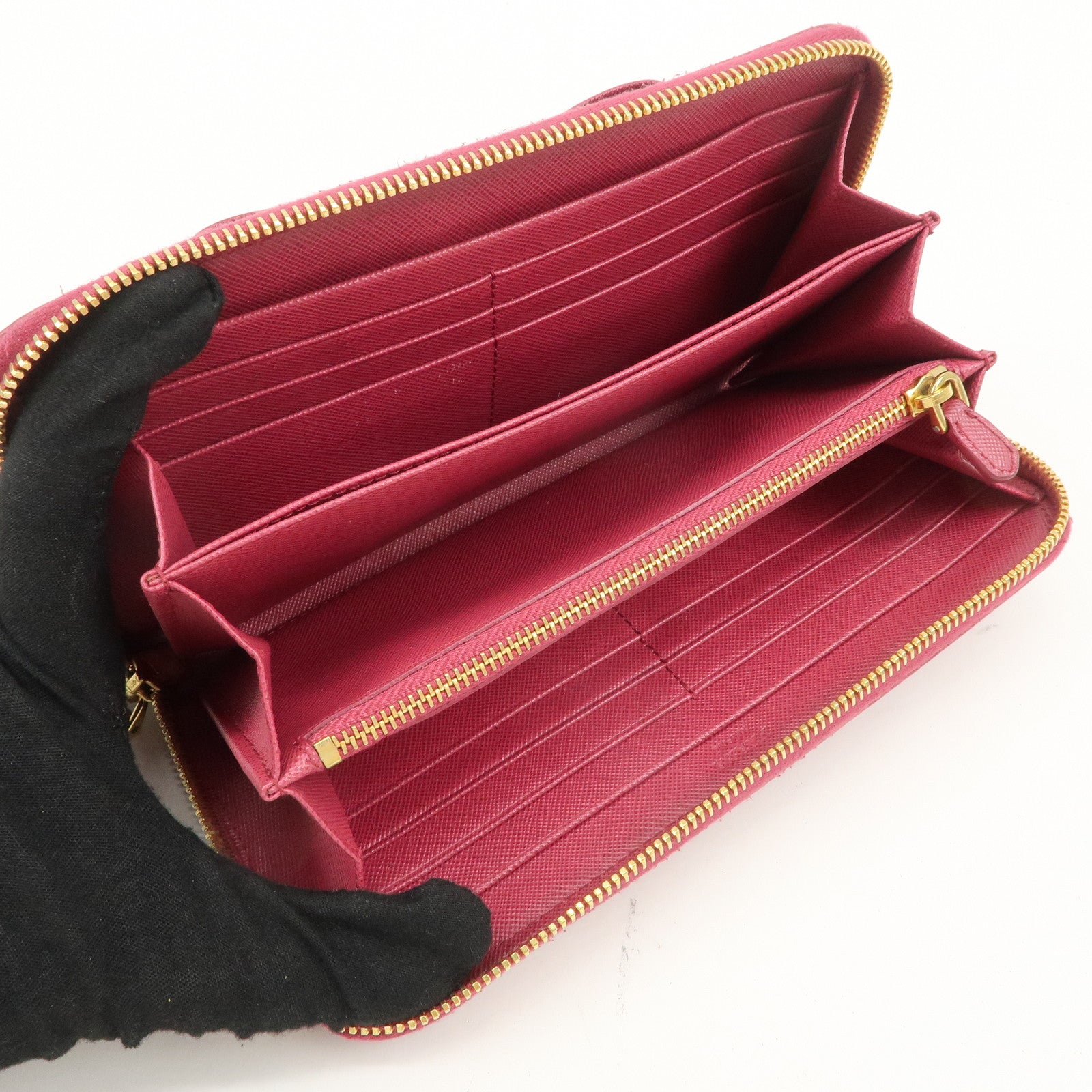 PRADA Logo Saffiano Leather Round Zipper Long Wallet Pink 1M0506 Used