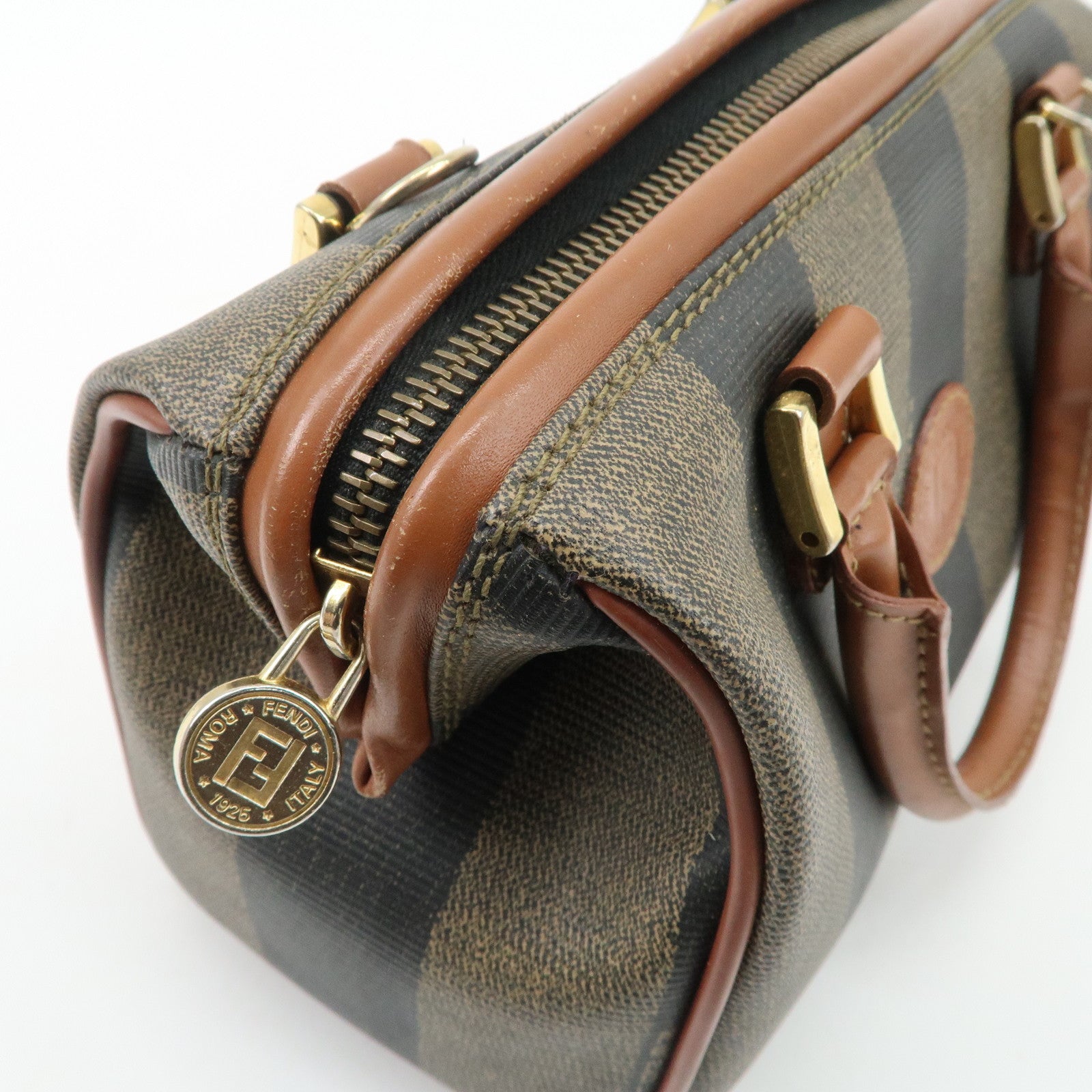 FENDI Pequin PVC Leather Hand Bag Brown Black 259021 Used