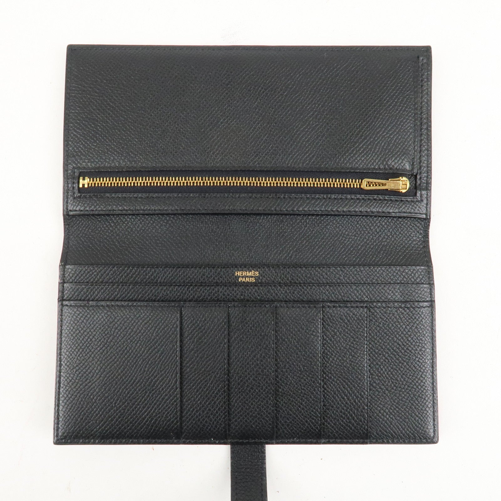 HERMES Leather Bearn Long Wallet M Stamped (around 2009) Black Used
