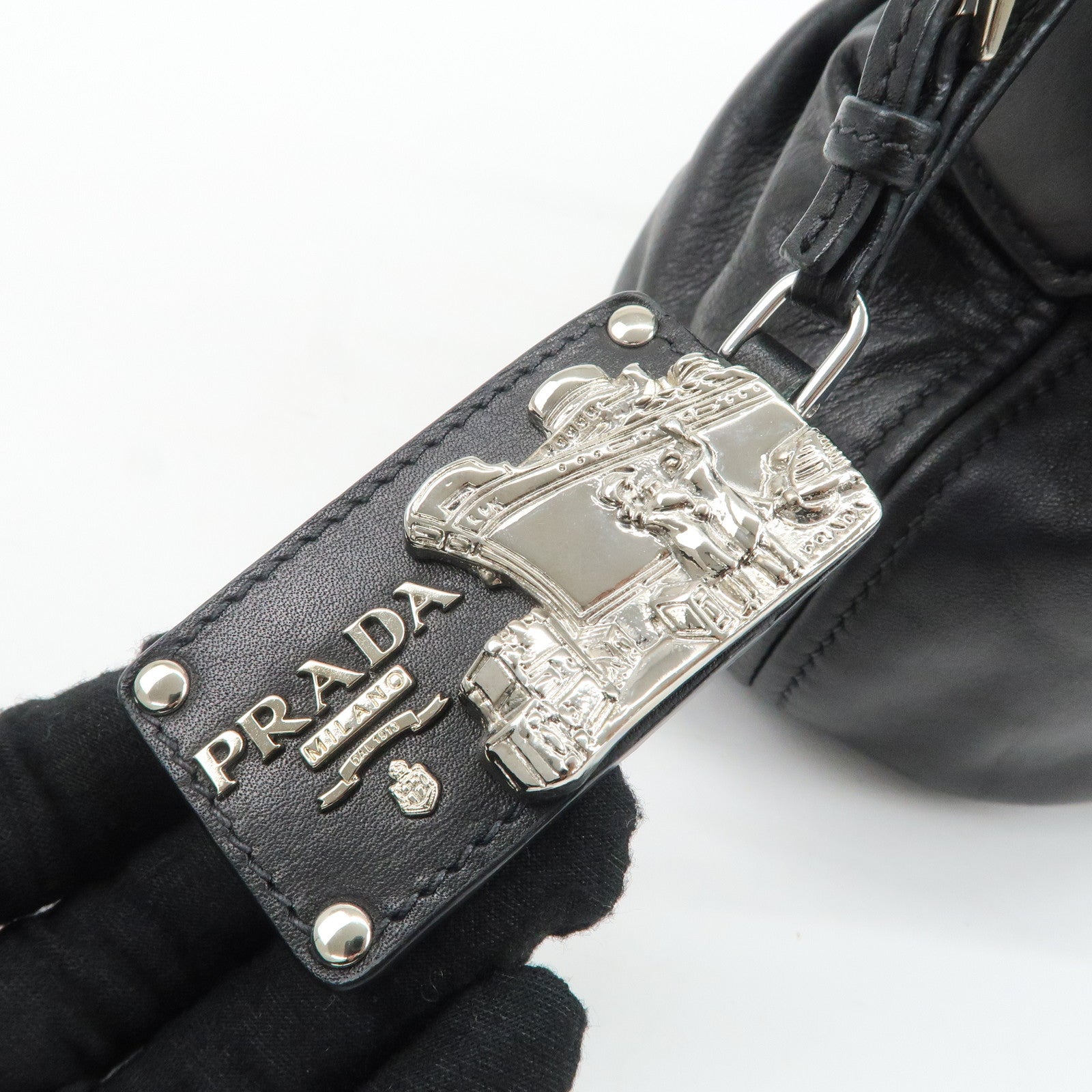 PRADA Soft Calf Leather Shoulder Bag Black BR3795 Used