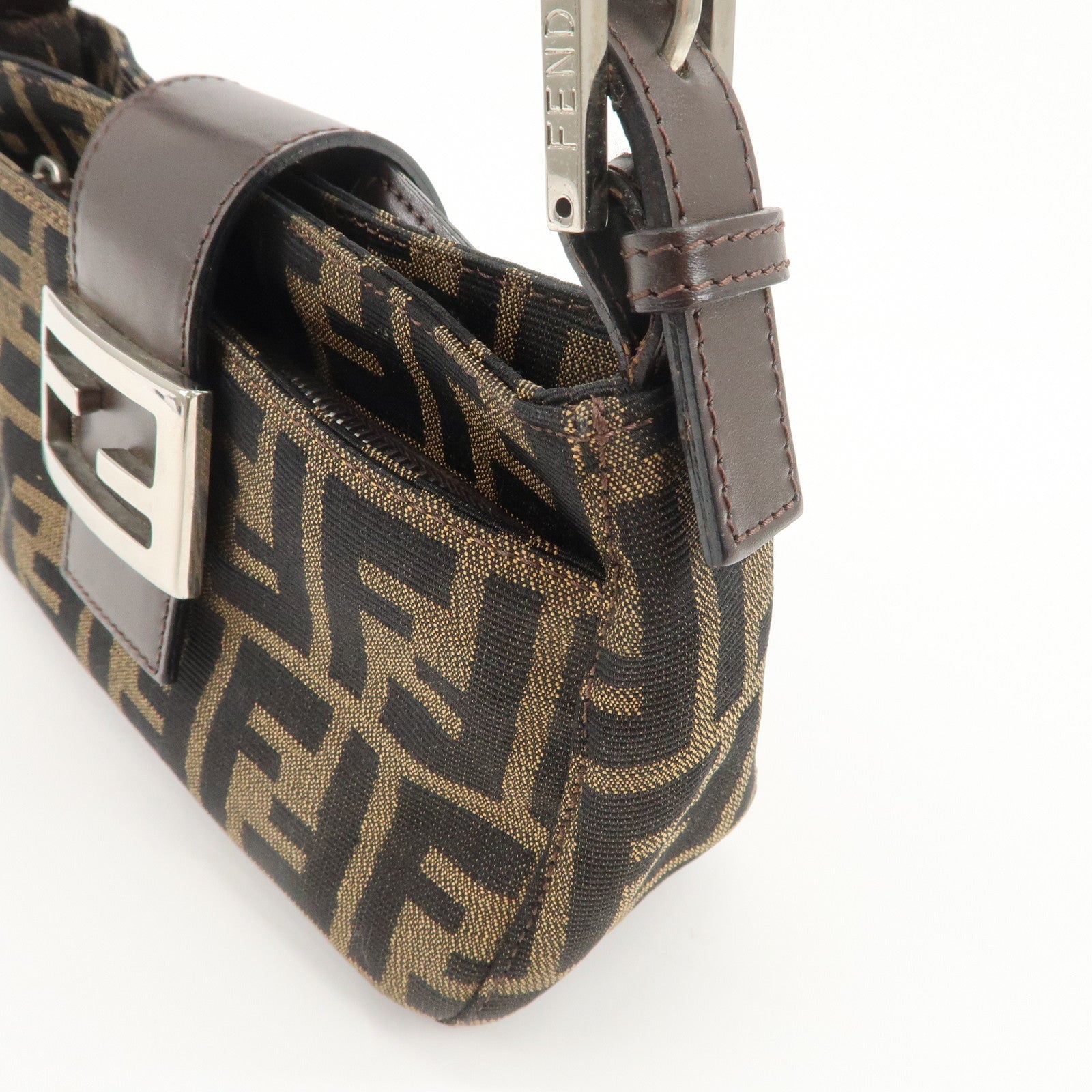 FENDI Zucca Canvas Leather Hand Bag Brown Black Used