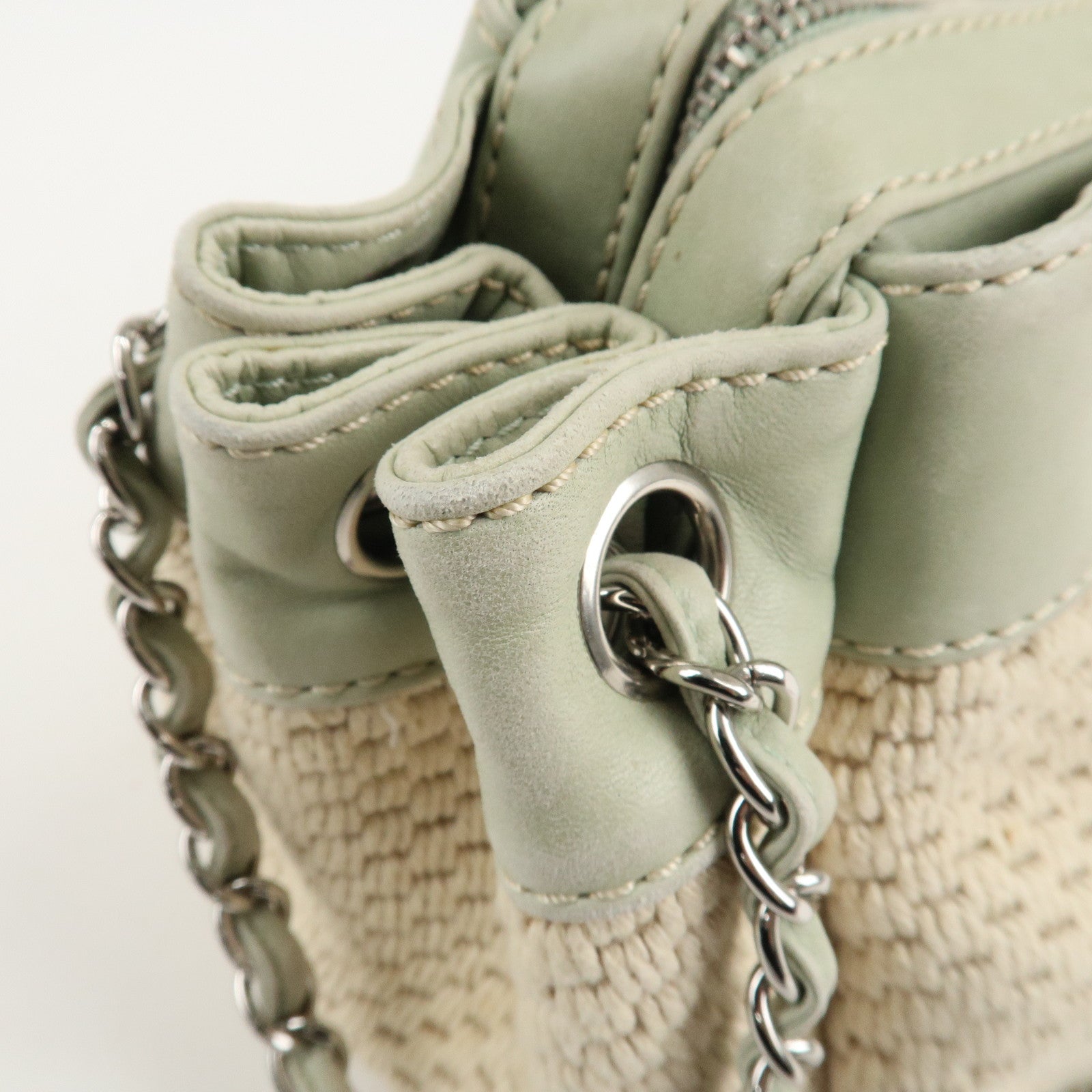 CHANEL Cotton Leather Chain Shoulder Bag Ivory Light Green Used