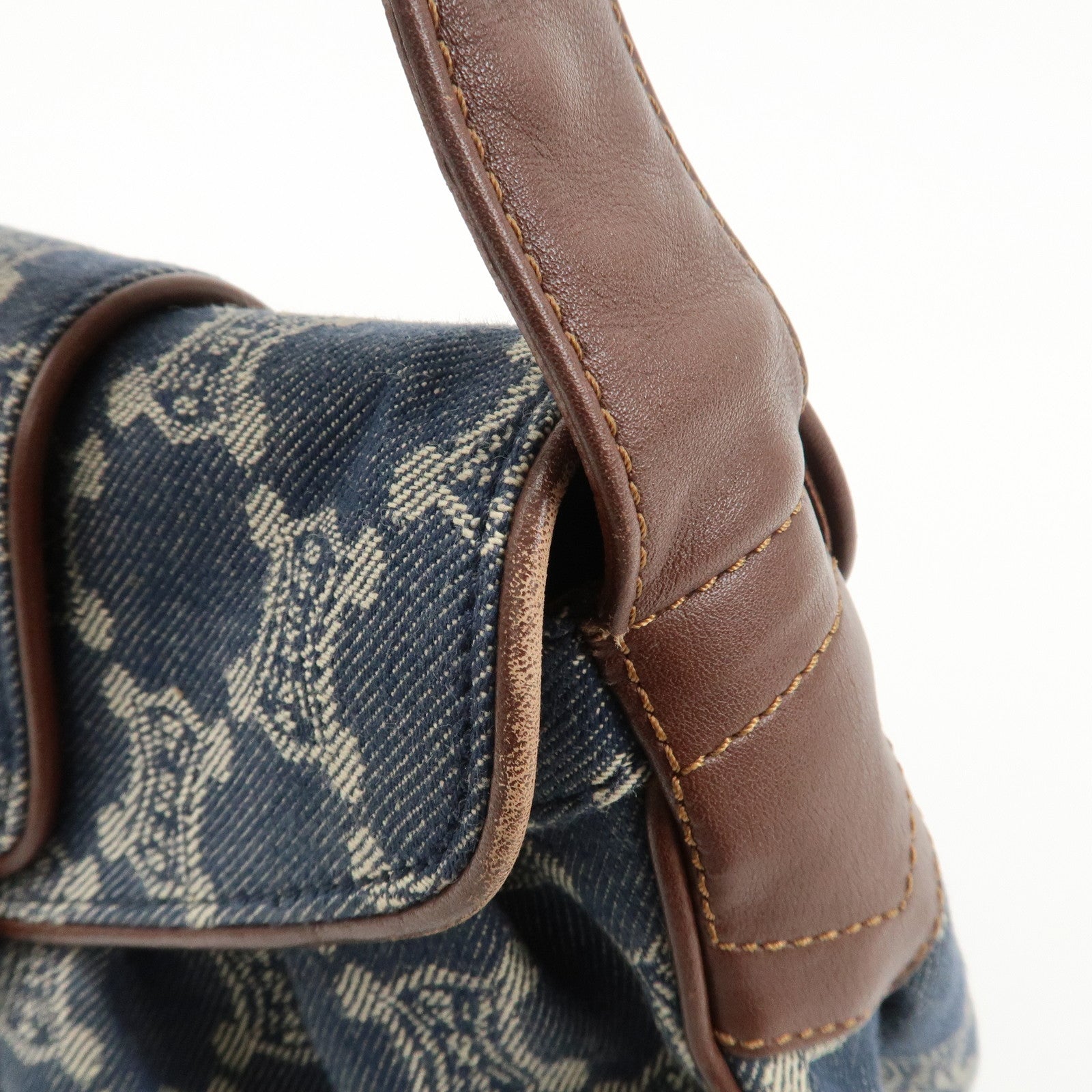 CELINE Macadam Denim Leather Shoulder Bag Blue Brown Used