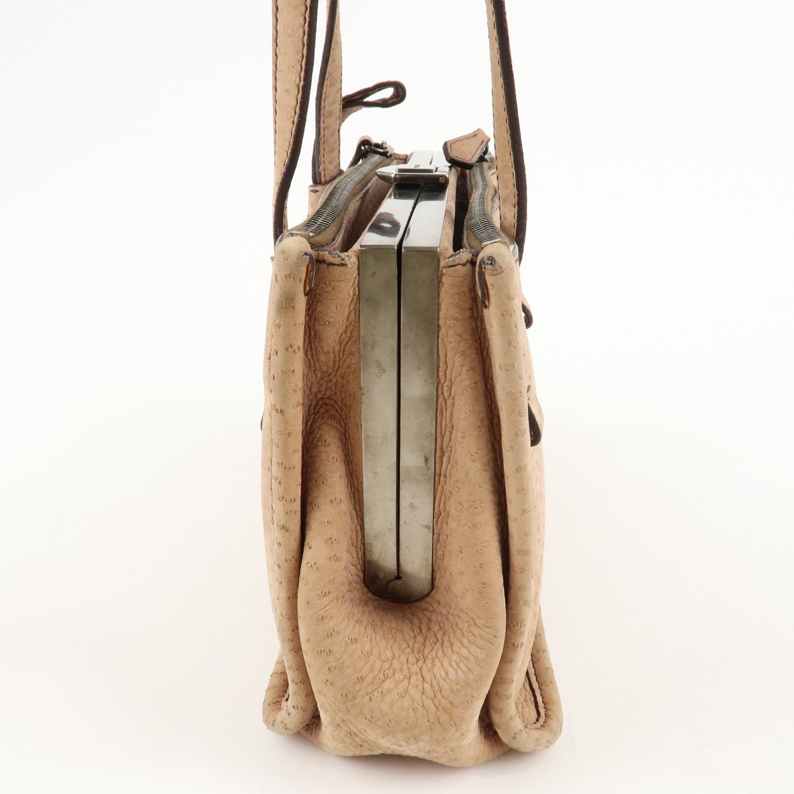 PRADA Logo Suede Clasp Tote Bag Hand Bag Beige BR1935 F/S Used