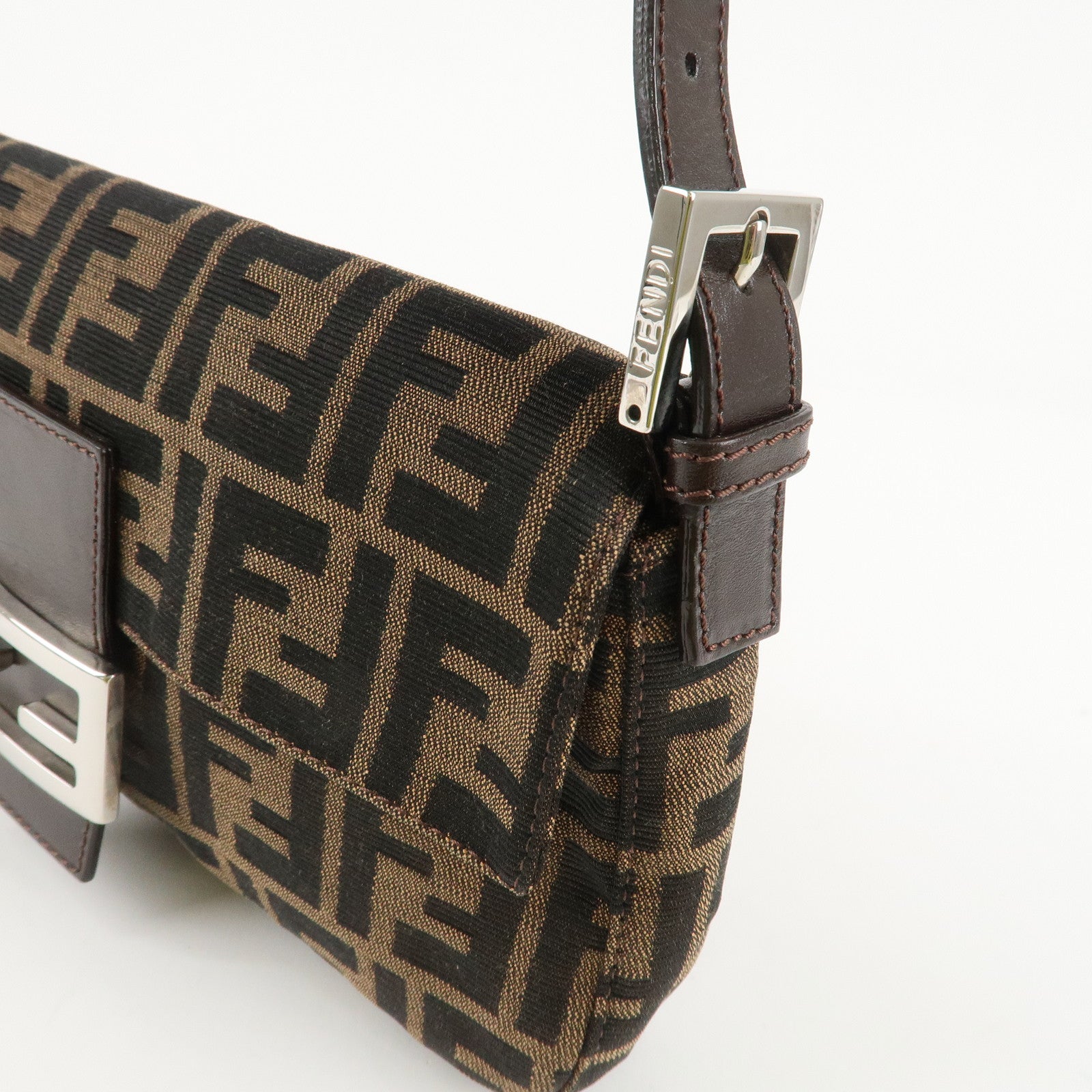 FENDI Mamma Baguette Zucca Canvas Shoulder Bag Brown Black 26424 Used