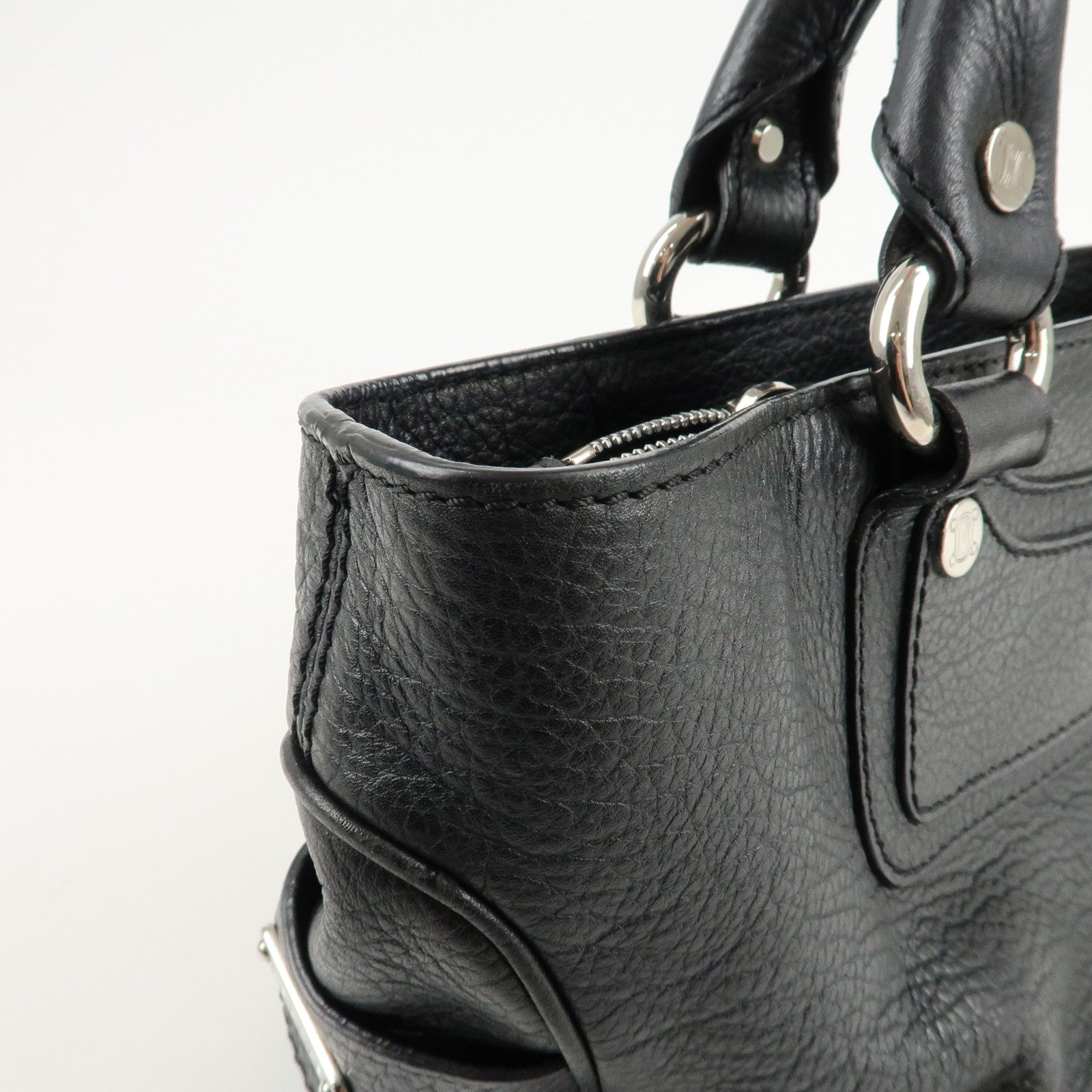 CELINE Leather Boogie Bag Hand Bag Silver Hard Ware Black Used