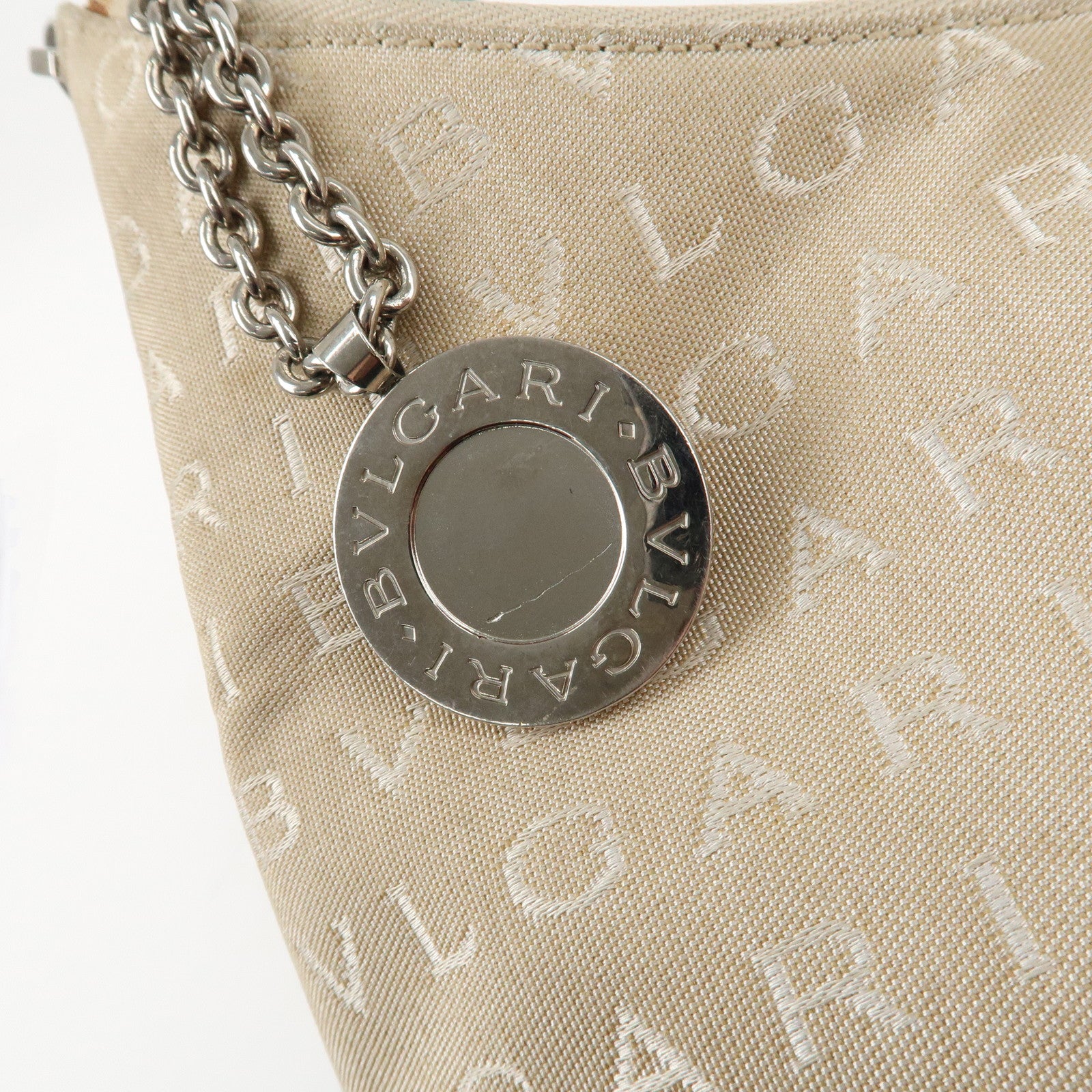 BVLGARI Logomania Canvas Leather Shoulder Bag Beige Dark Brown Used