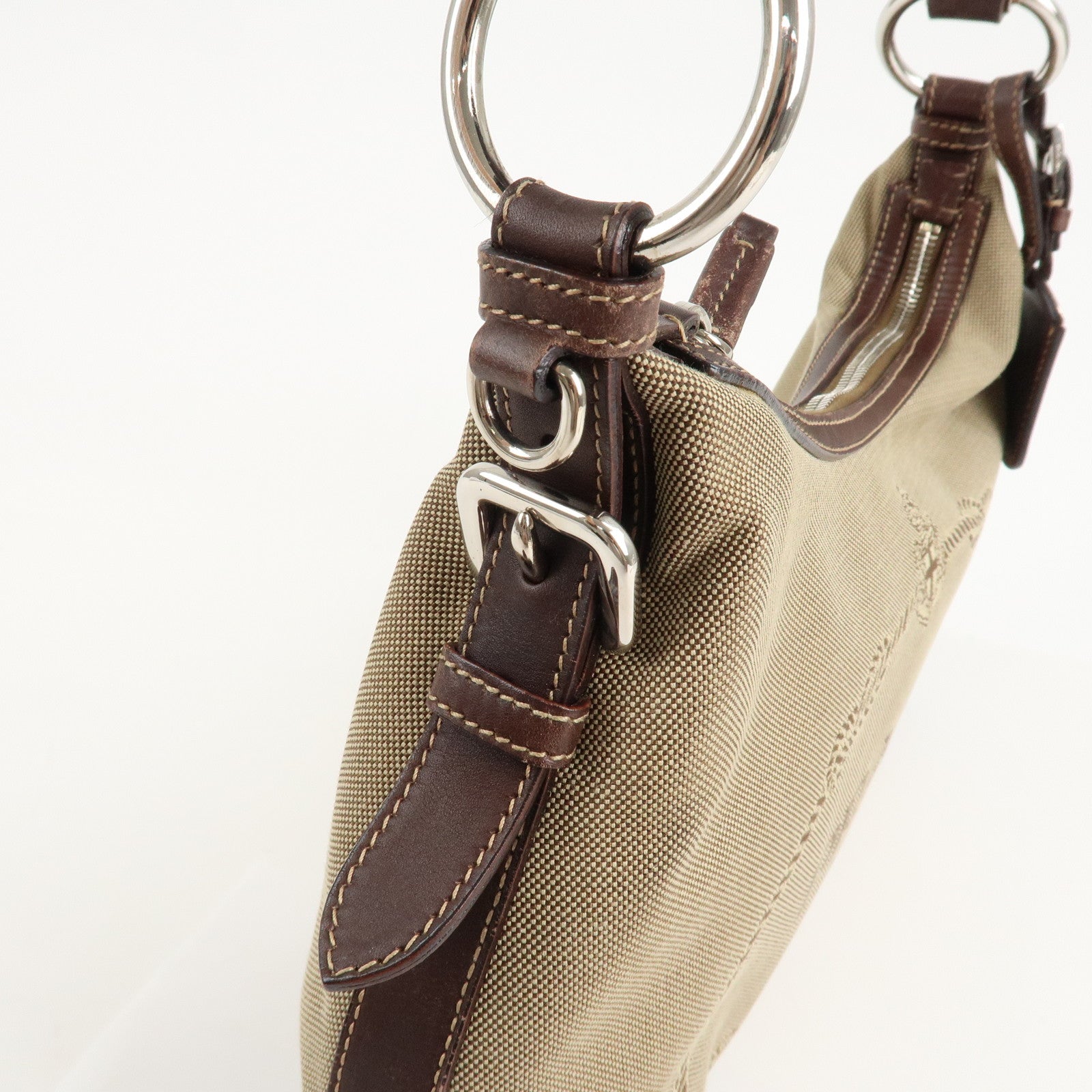 PRADA Logo Jacquard Leather Shoulder Bag Beige Brown Used