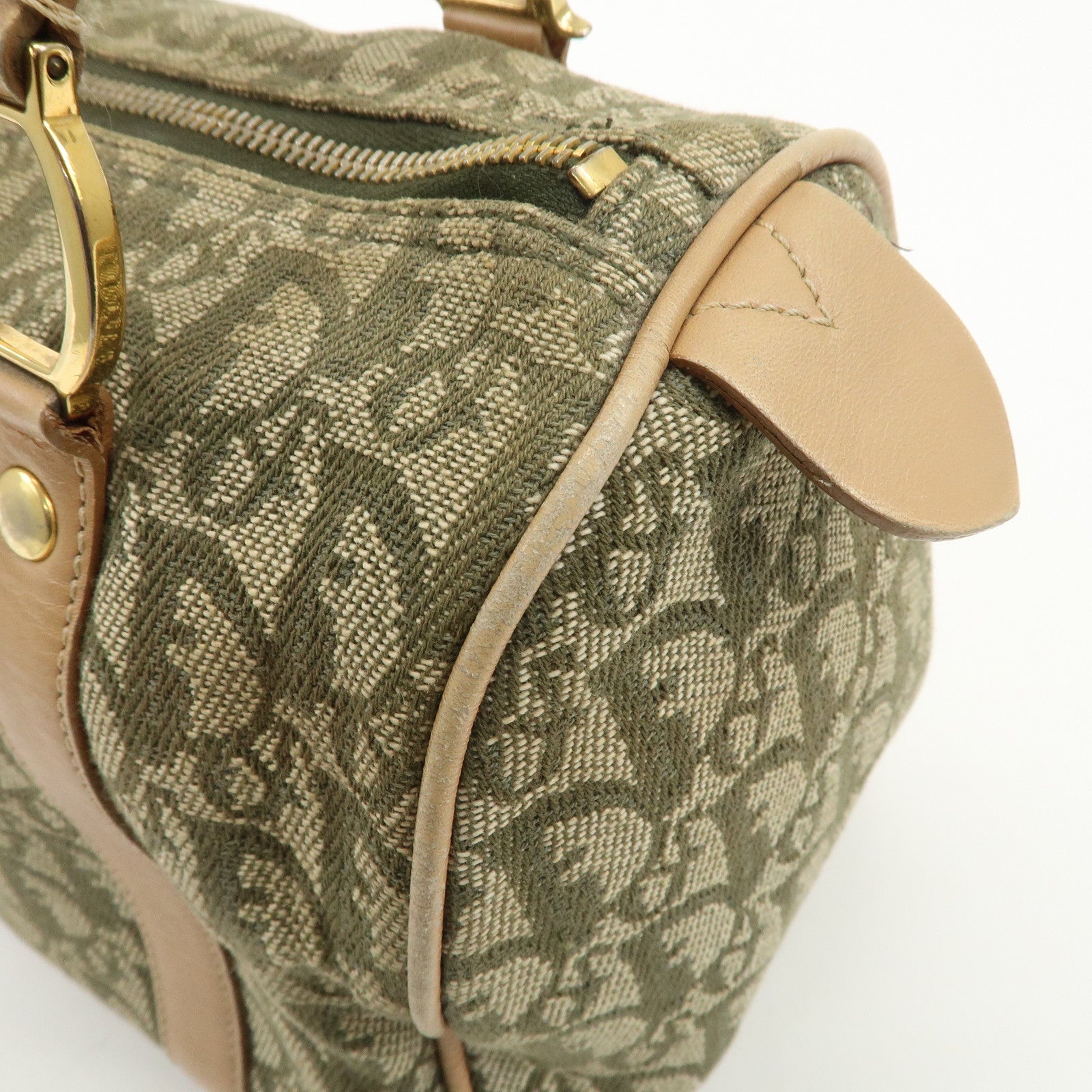 Christian Dior Trotter Canvas Leather Boston Bag White Khaki Used