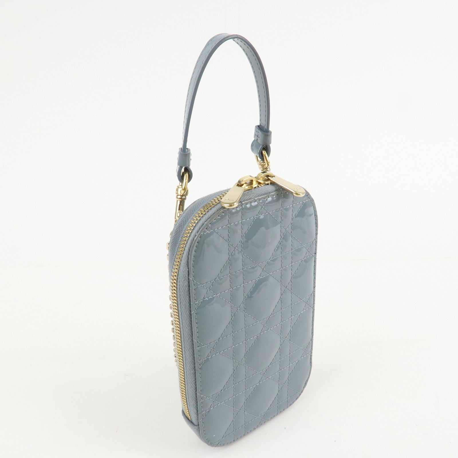 Christian Dior Lady Dior Canage Patent Leather Phone Holder Light Blue Used