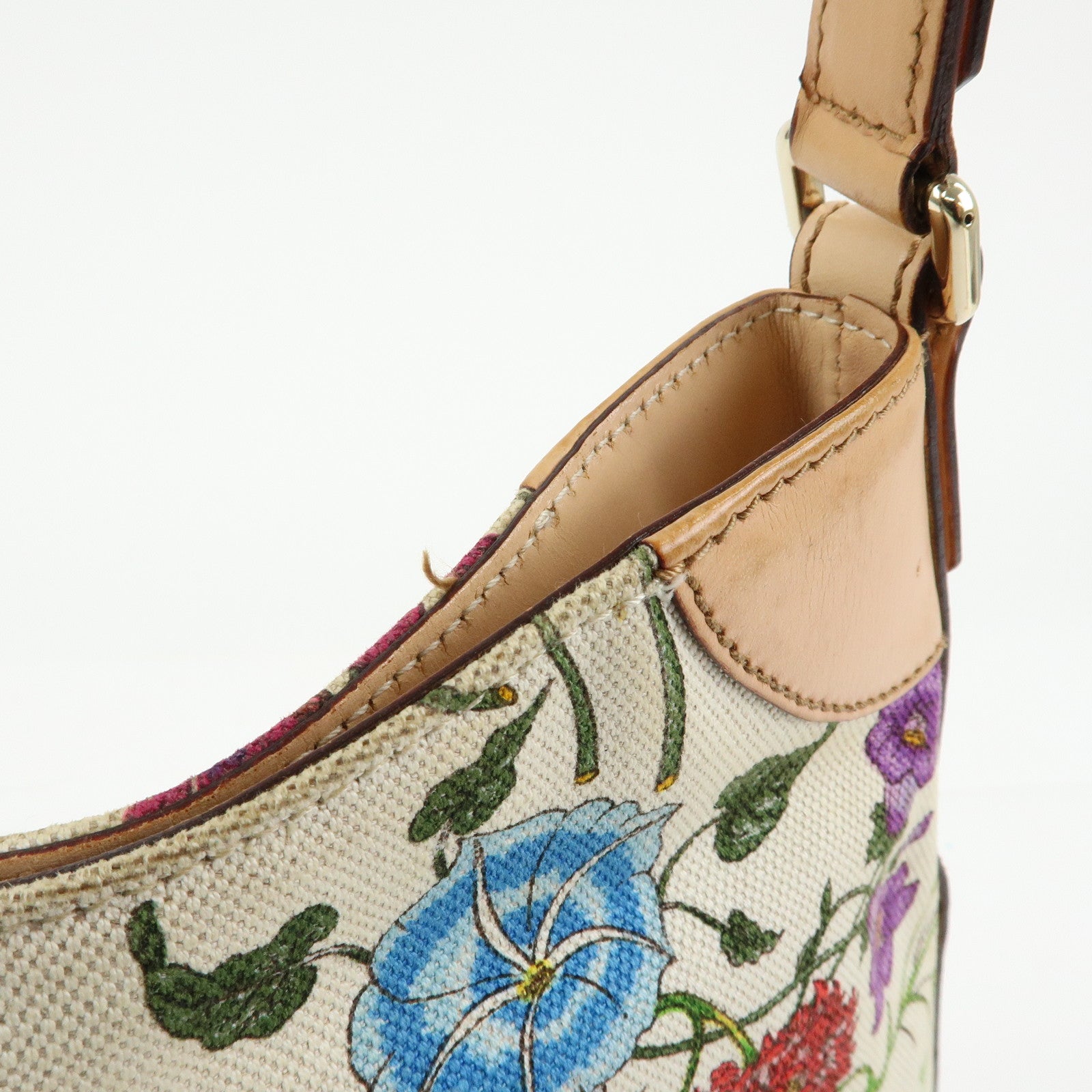 GUCCI Horsebit Flora Leather Canvas Shoulder Bag Beige White 137388