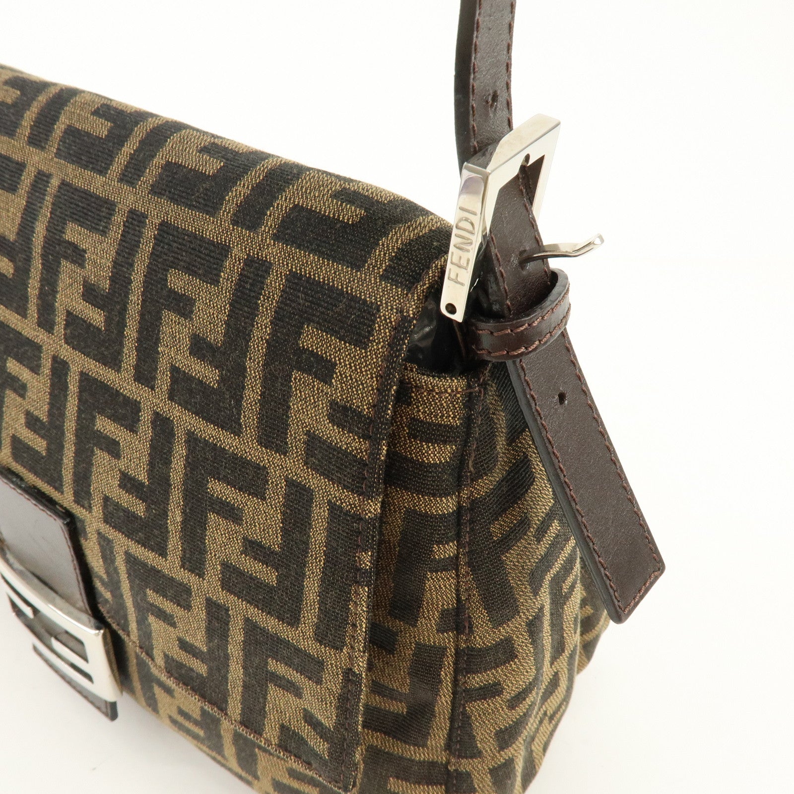 FENDI Mamma Baguette Zucca Canvas Leather Shoulder Bag Brown 26325
