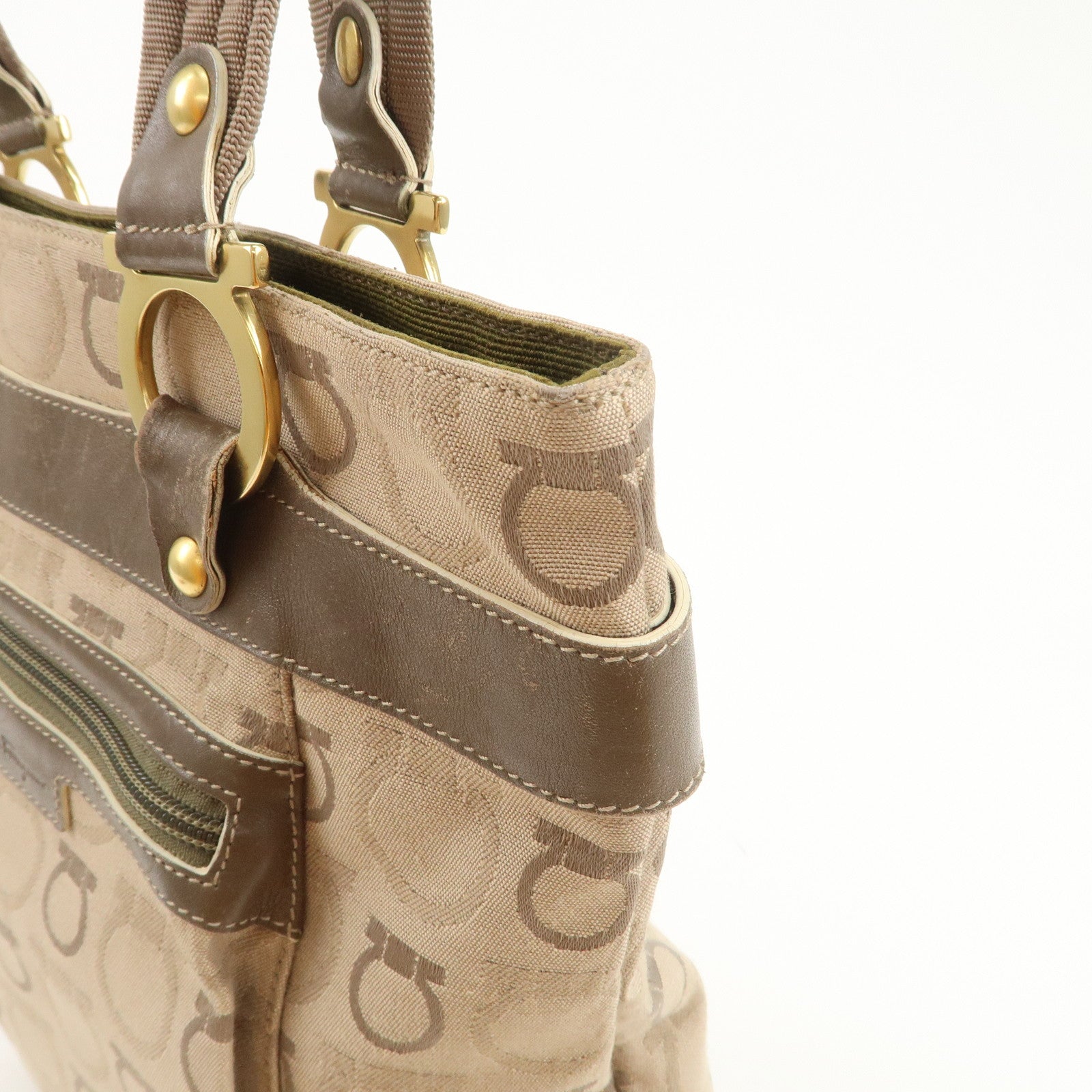 Ferragamo Gancini Canvas Leather Shoulder Bag Tote Bag Brown