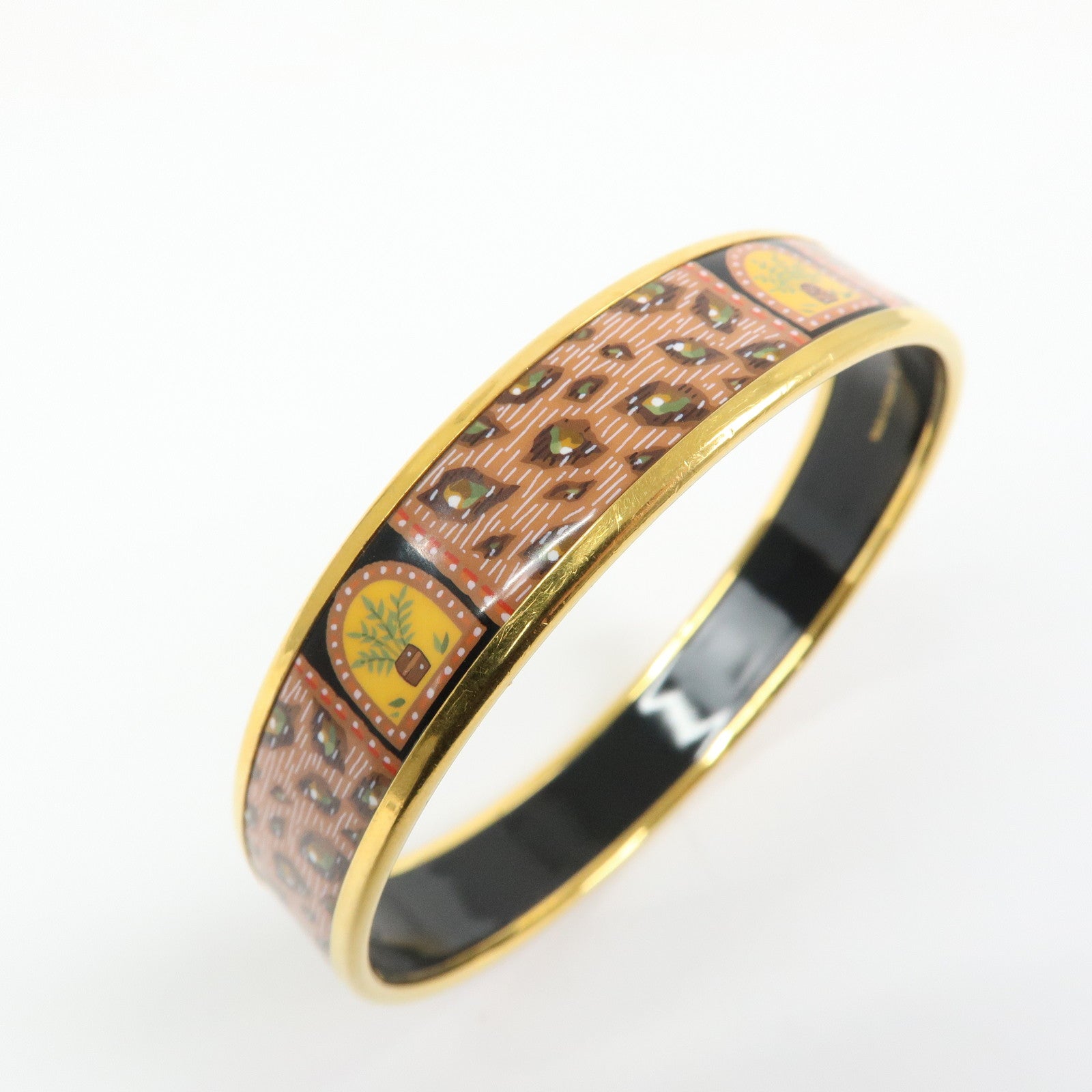 HERMES Email MM Gold Plated Bangle Bracelet Orange Gold