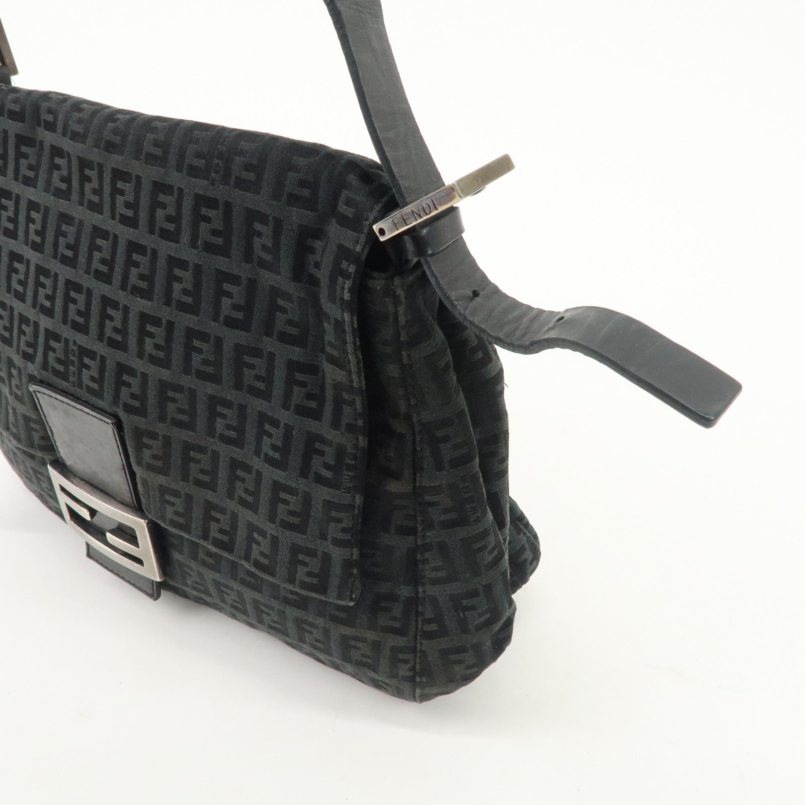 FENDI Mamma Baguette Zucchino Leather Canvas Shoulder Bag Black 8BR001 Used