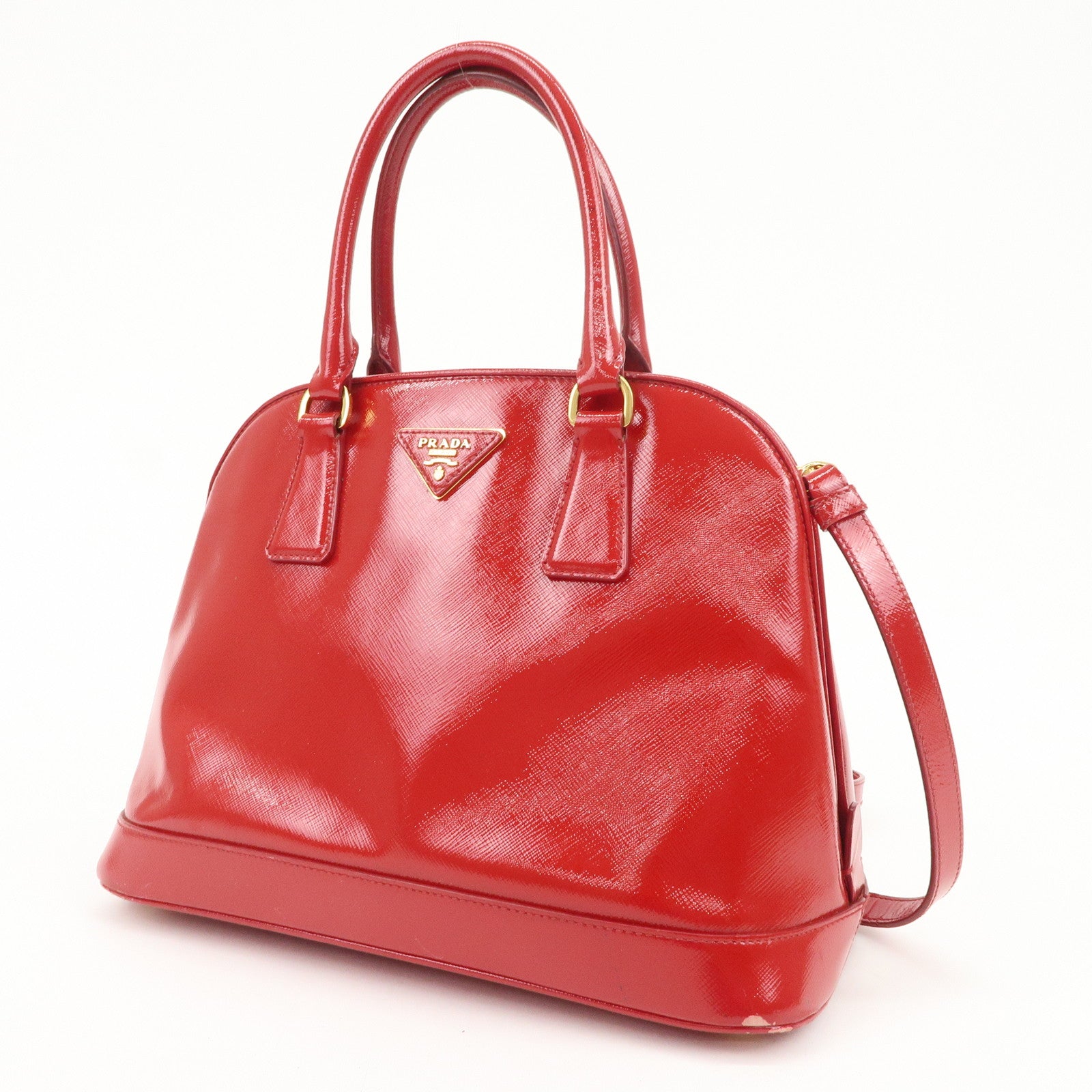 PRADA Triangle Logo Patent Leather 2WAY Bag Hand Bag Red BN2567
