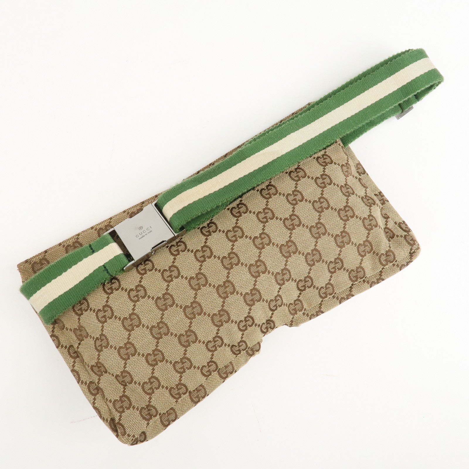 GUCCI GG Canvas Leather Waist Bag Crossbody Bag Beige Green 28566 Used