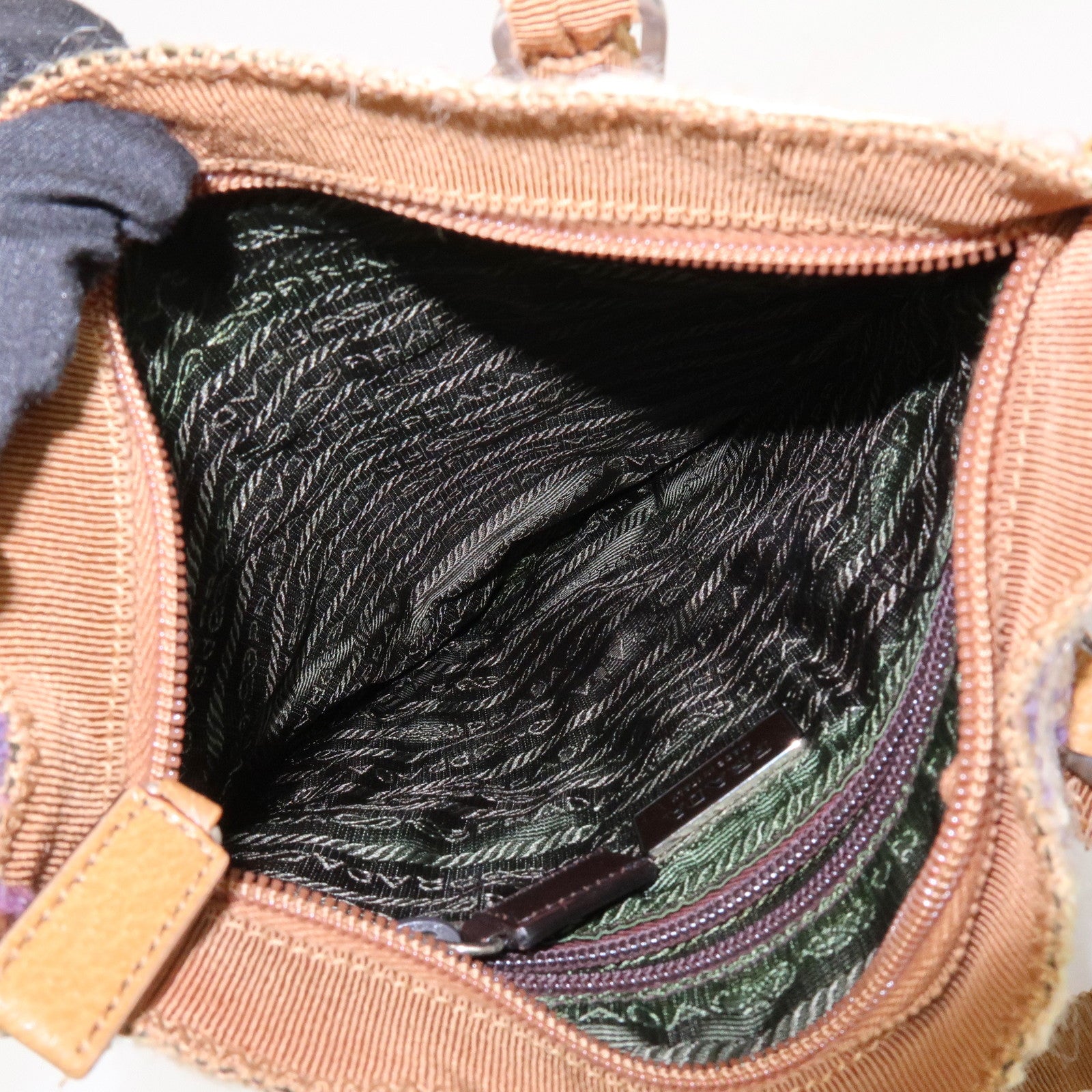 PRADA Triangle Logo Tweed Leather Hand Bag Light Brown Multicolor