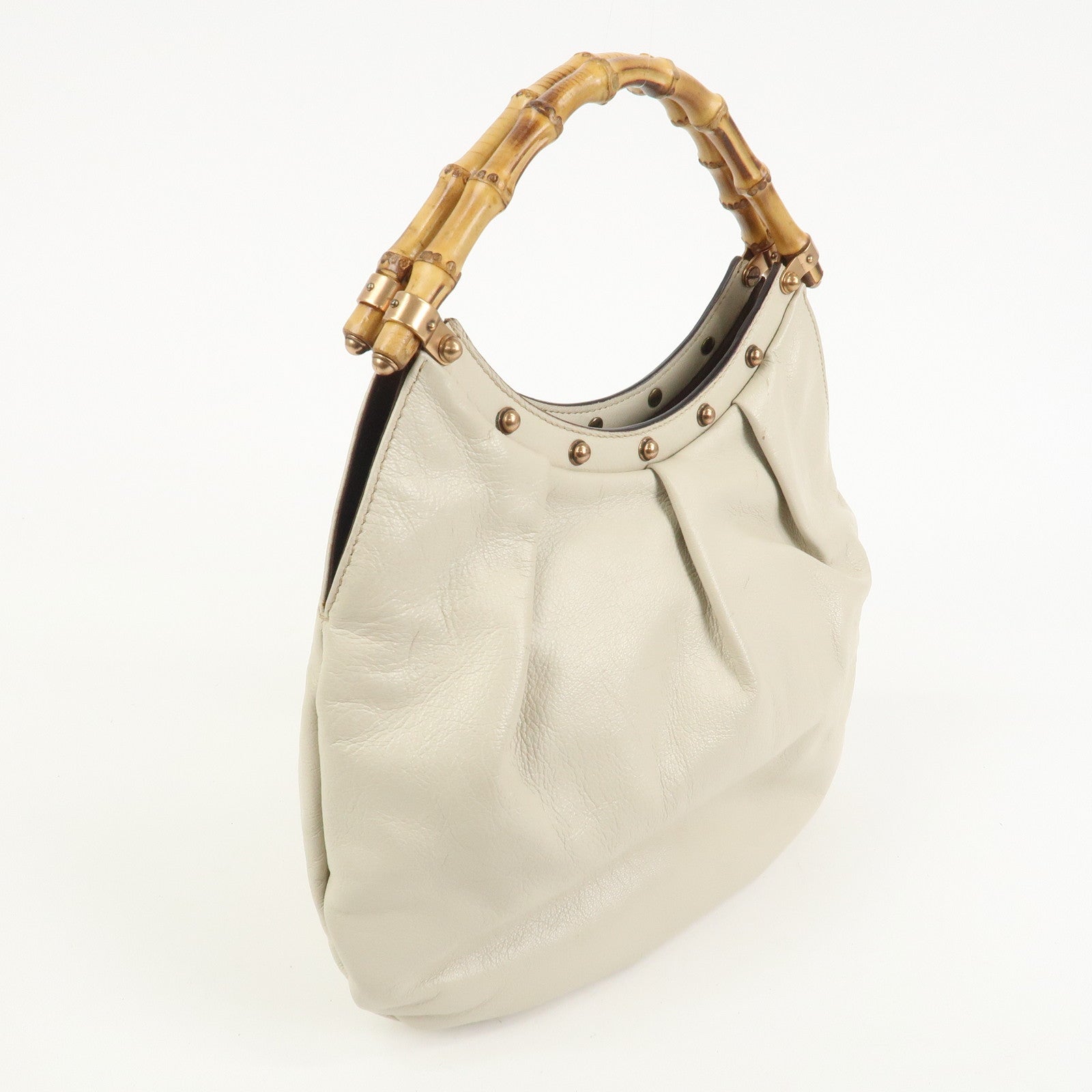 GUCCI Bamboo Leather Studs Shoulder Bag Hand Bag Ivory 124297