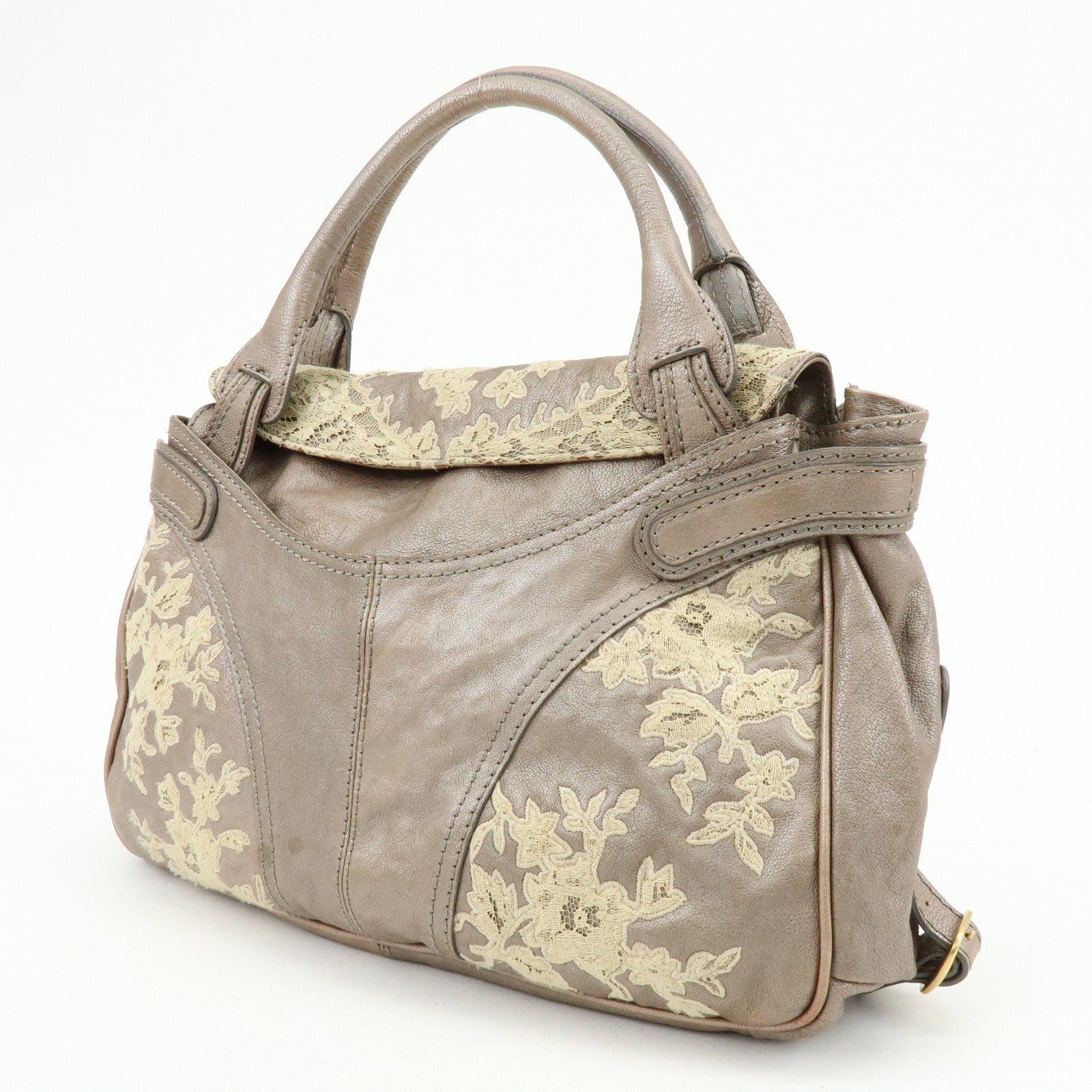 VALENTINO Flower Embroidery Leather Hand Bag Shoulder Bag Greige