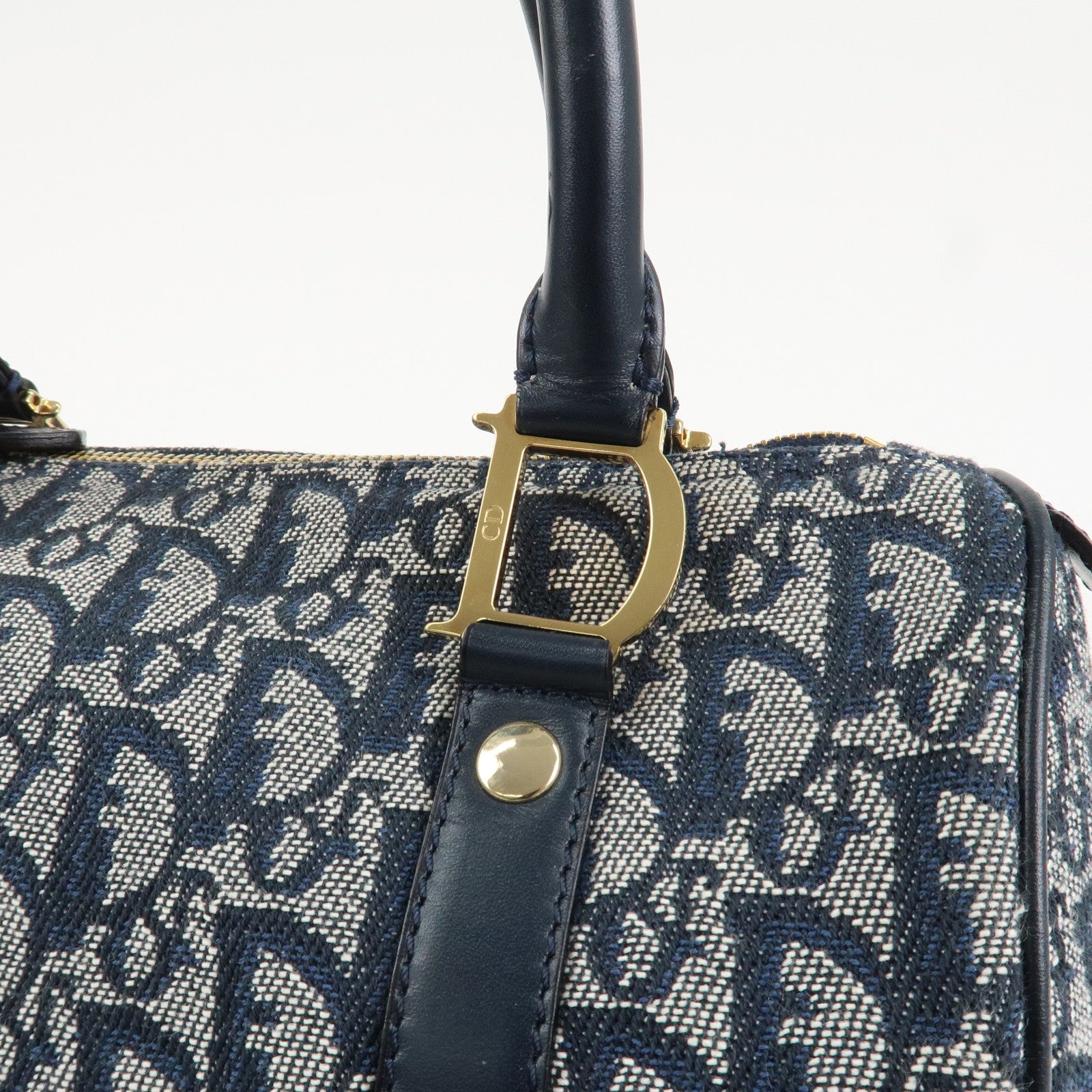 Christian Dior Trotter Leather Canvas Boston Bag Navy White Used