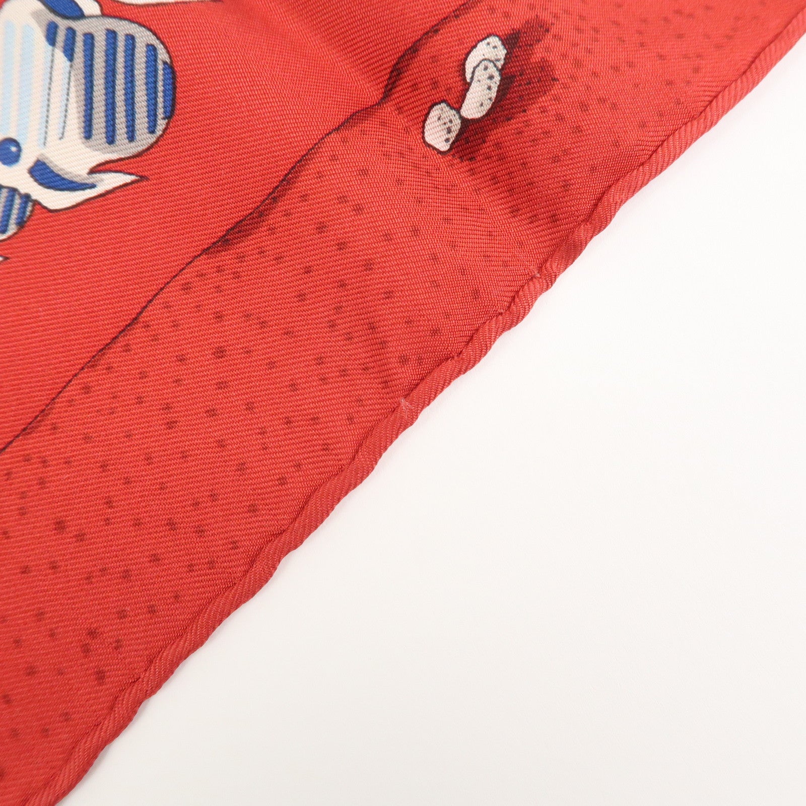 HERMES Carre 40 Silk 100% Mini Scarf Fish Print Red Blue