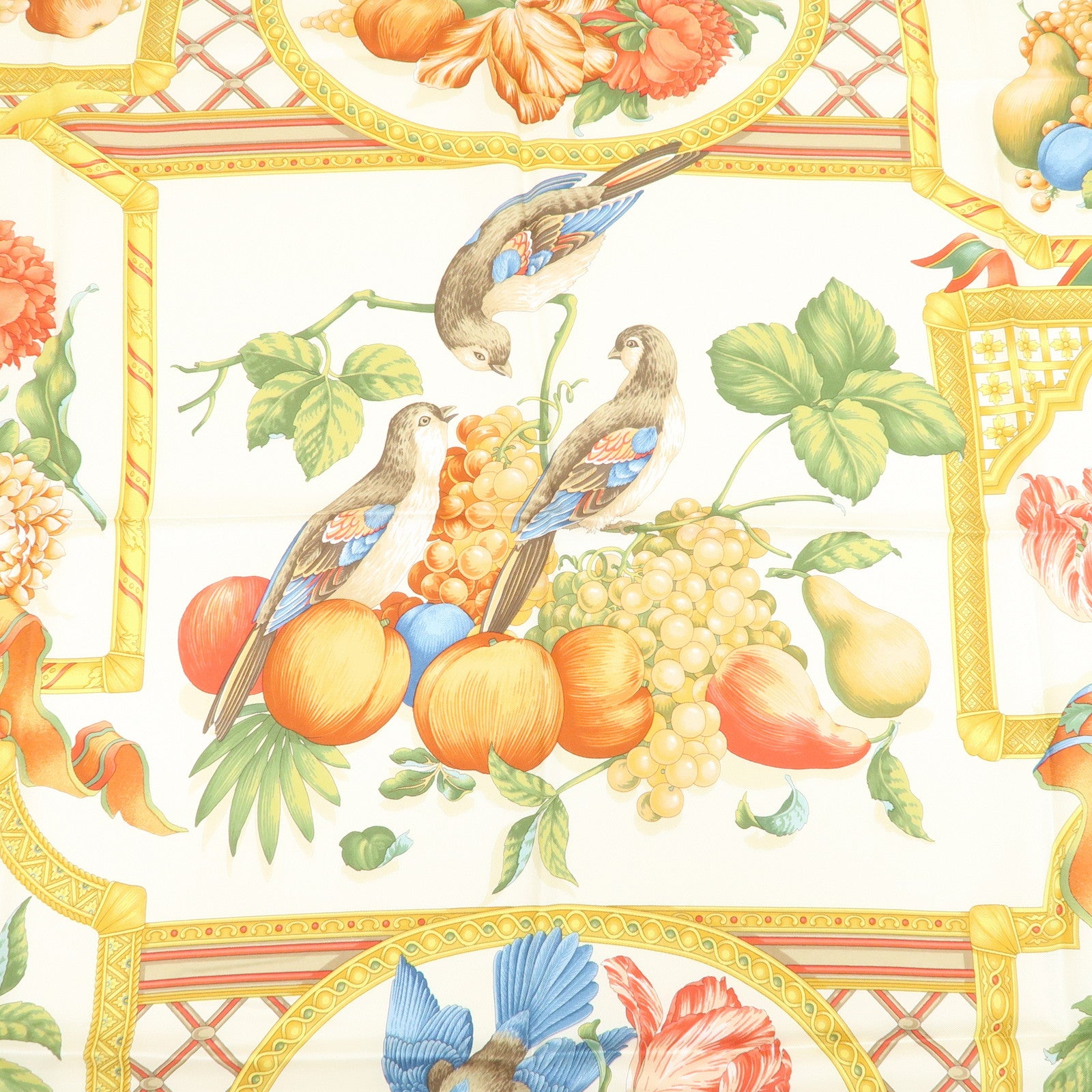 Ferragamo Flower Fruit Motif Silk 100% Scarf Ivory Green Orange