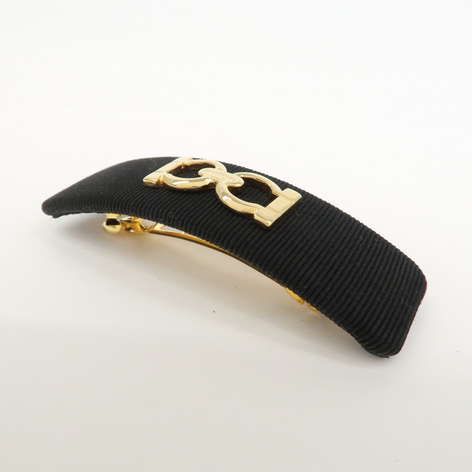 Ferragamo Gancini Logo Canvas Barrette Hair Clip Black Gold