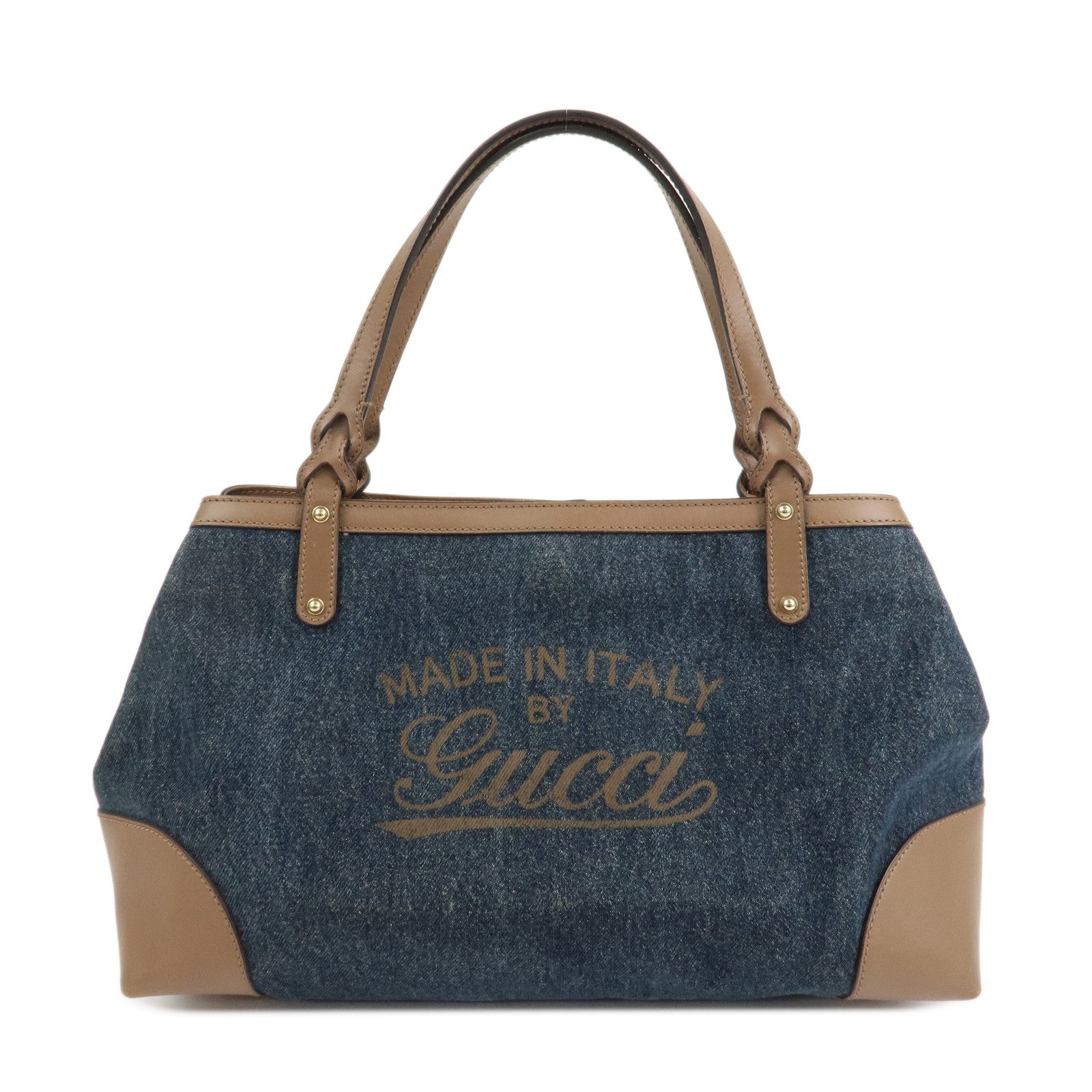 GUCCI Craft Denim Leather Tote Bag Hand Bag Navy Brown 348715