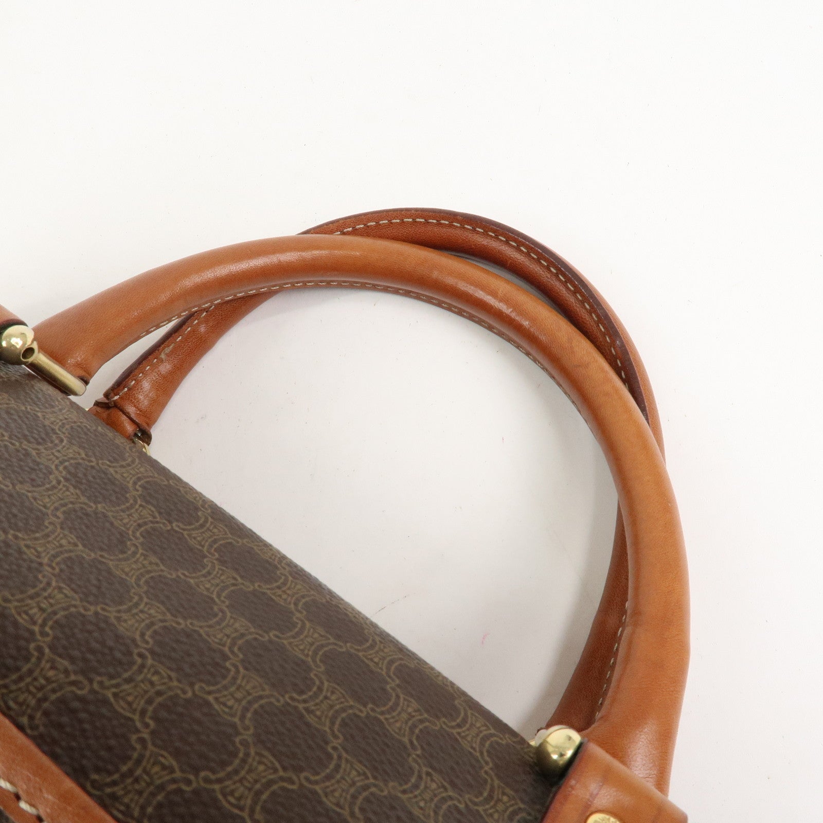 CELINE Macadam PVC Coating Canvas Leather Boston Bag Brown