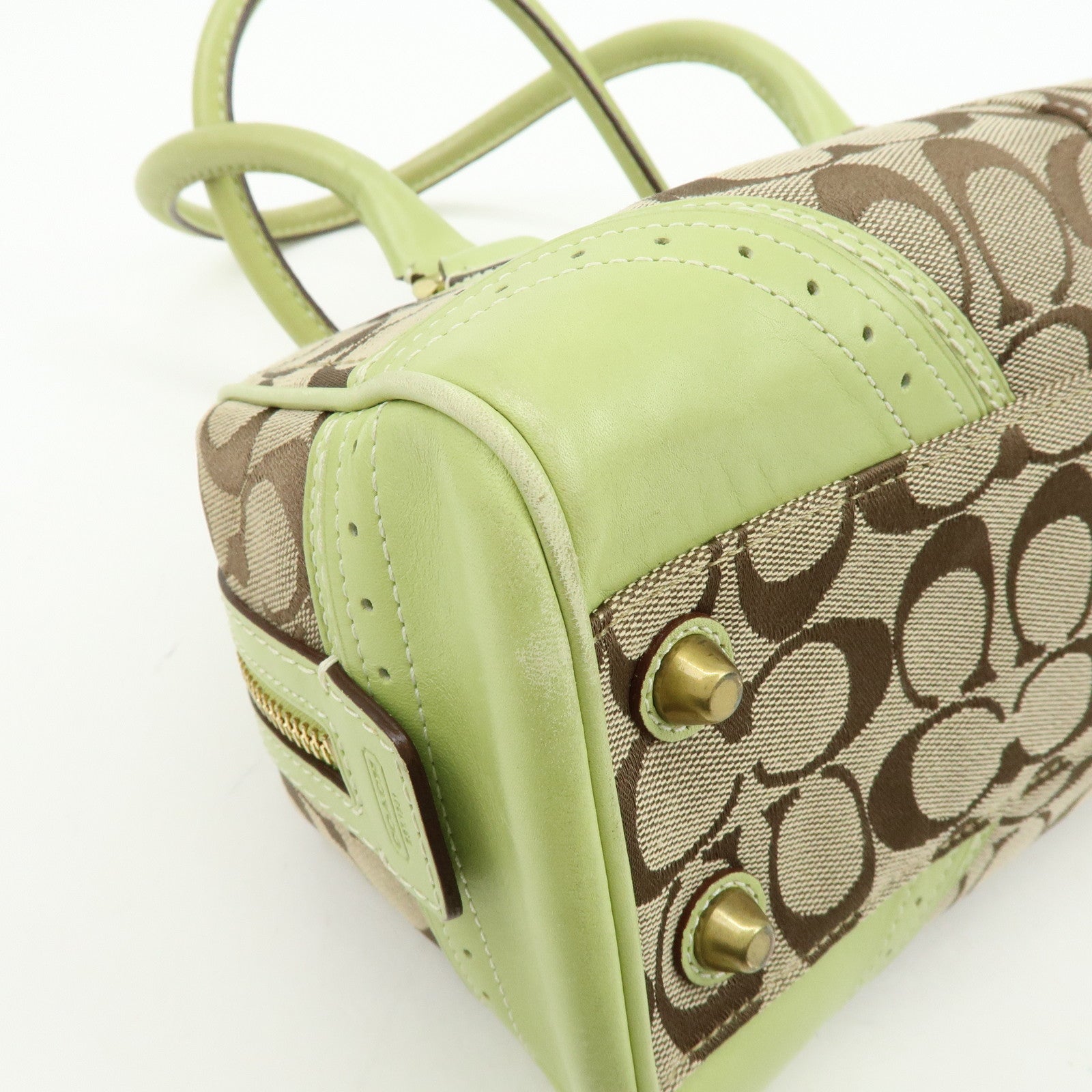 COACH Signature Canvas Leather Boston Hand Bag Light Brown Green