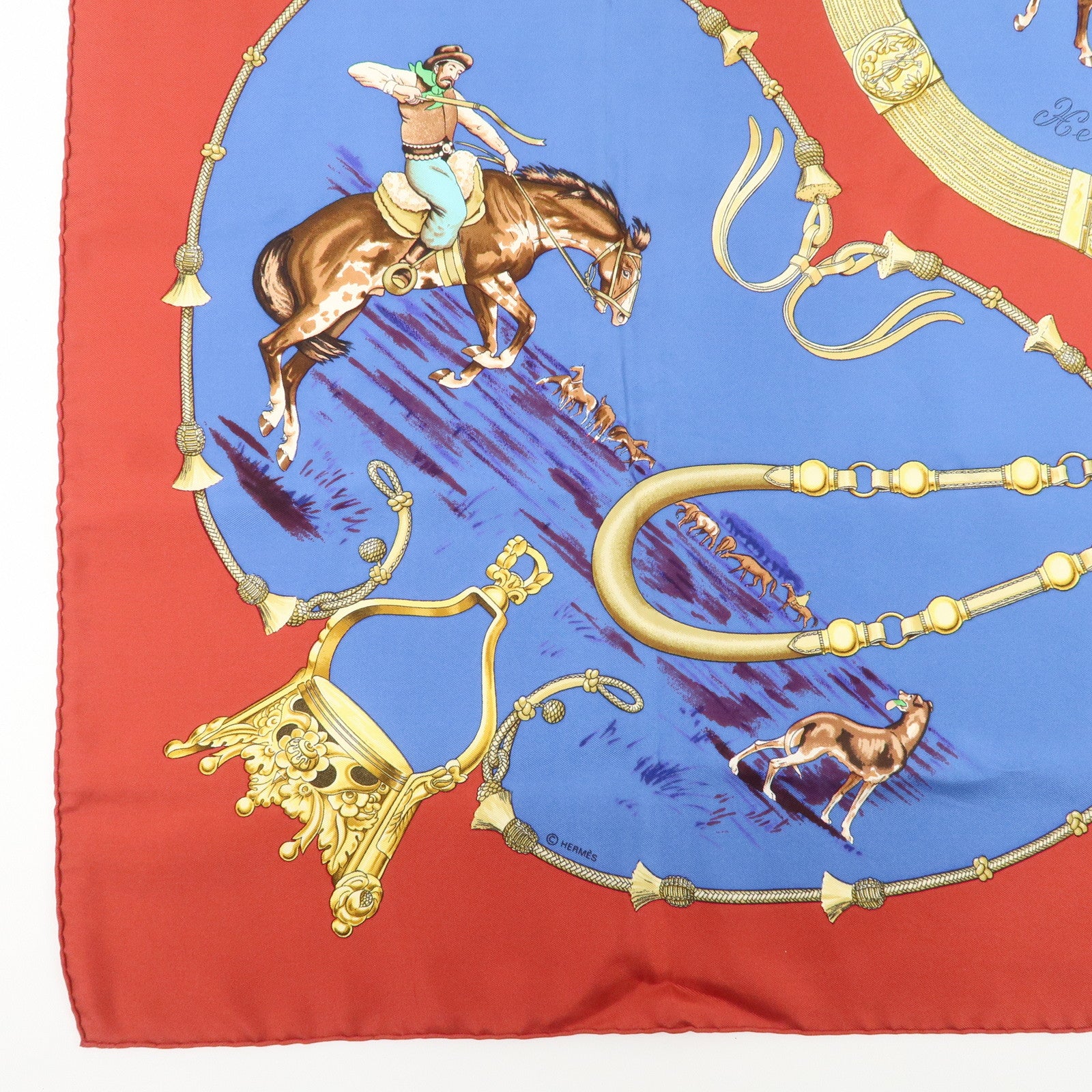 HERMES Carre 90 Silk 100% Scarf Pampa Blue Red