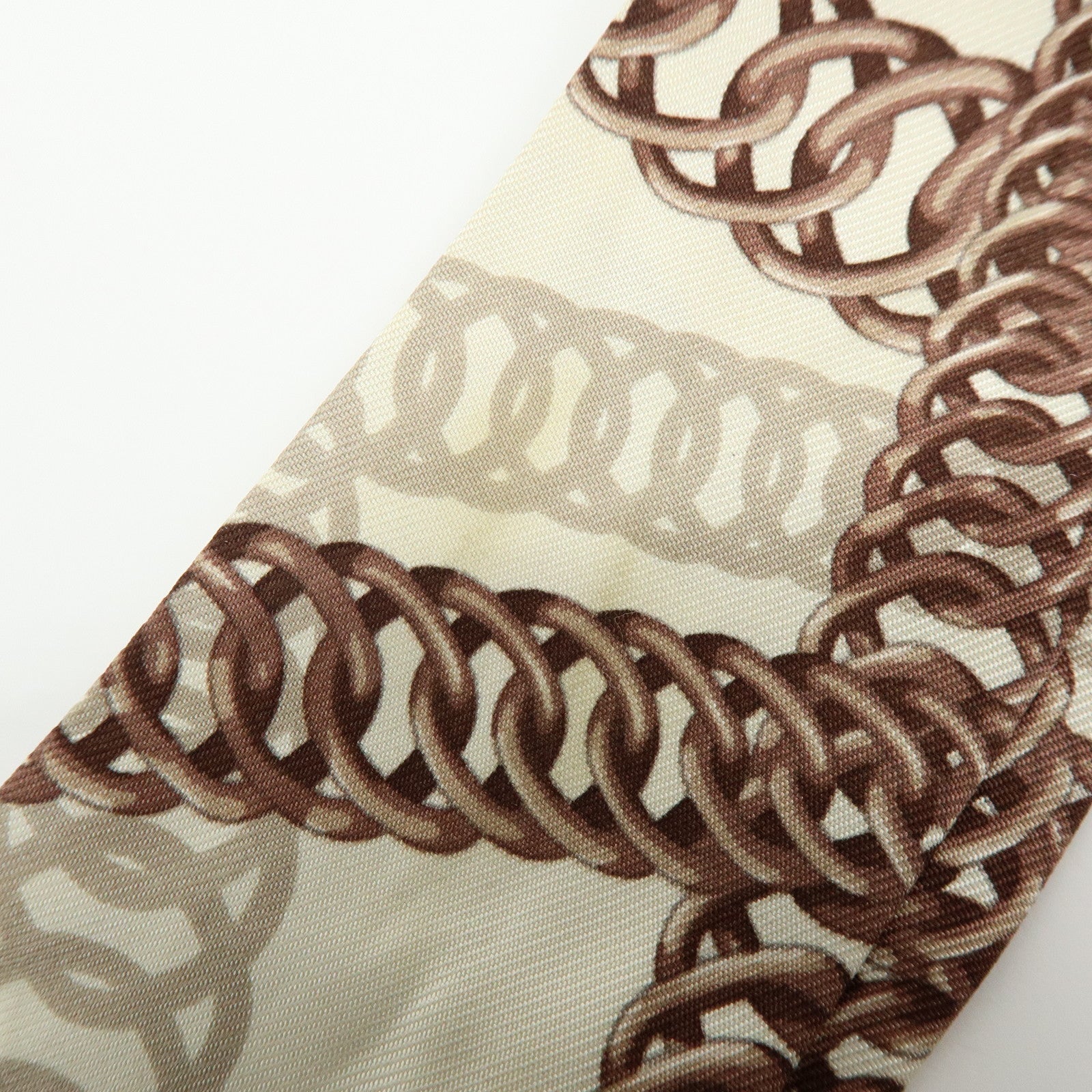 HERMES Twilly Silk 100% Scarf Chain Print Ivory Brown