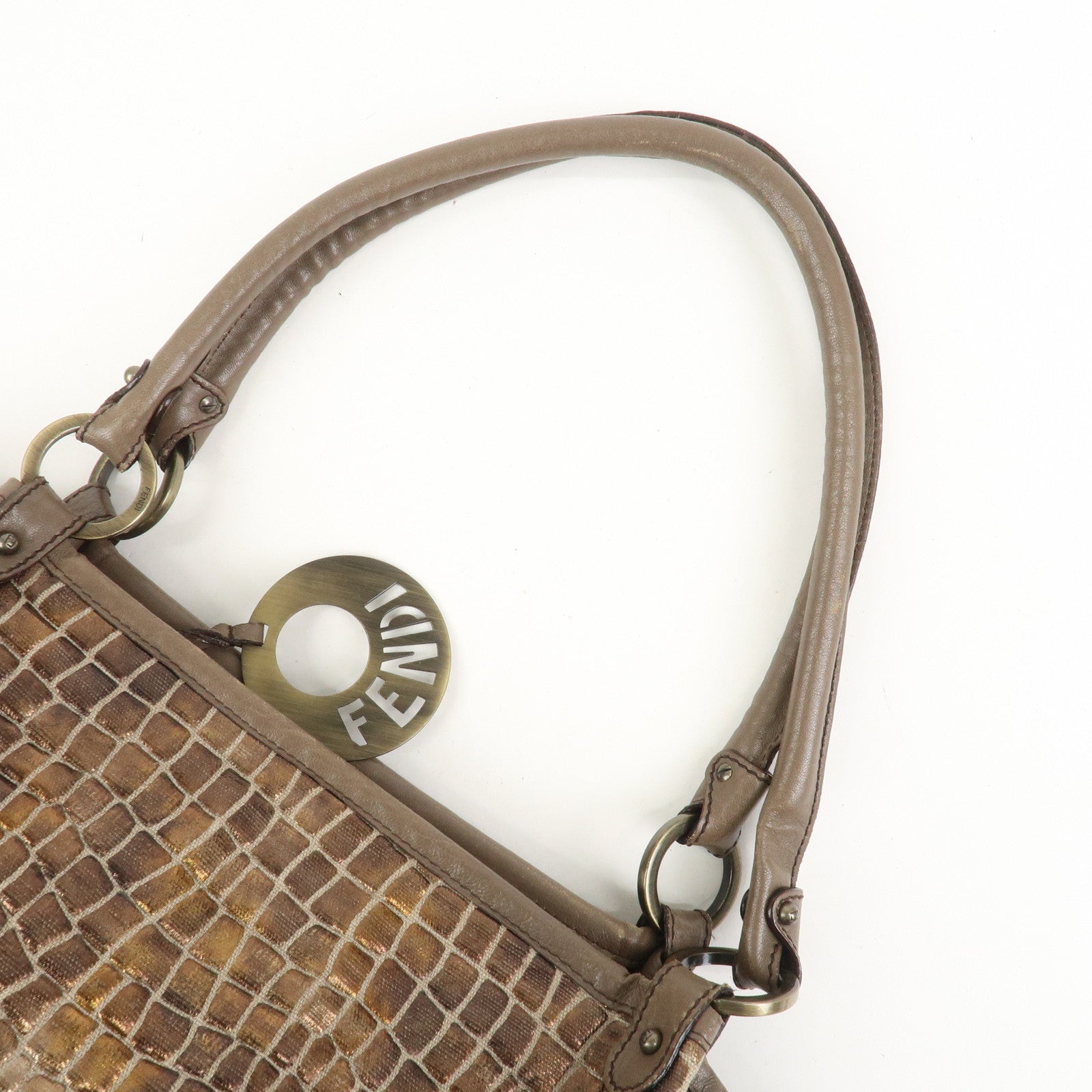FENDI Embossed Leather Gathered Shoulder Bag Tote Bag Brown 8BH186