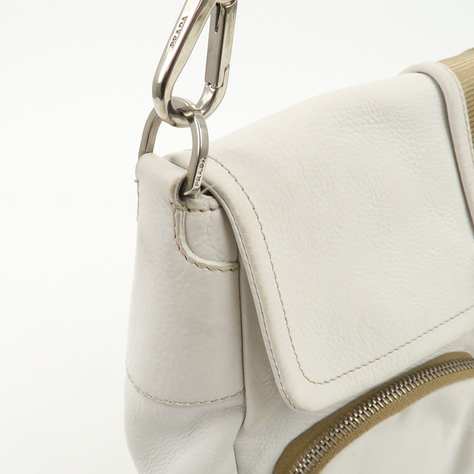 PRADA Triangle Logo Leather Nylon Shoulder Bag White Beige