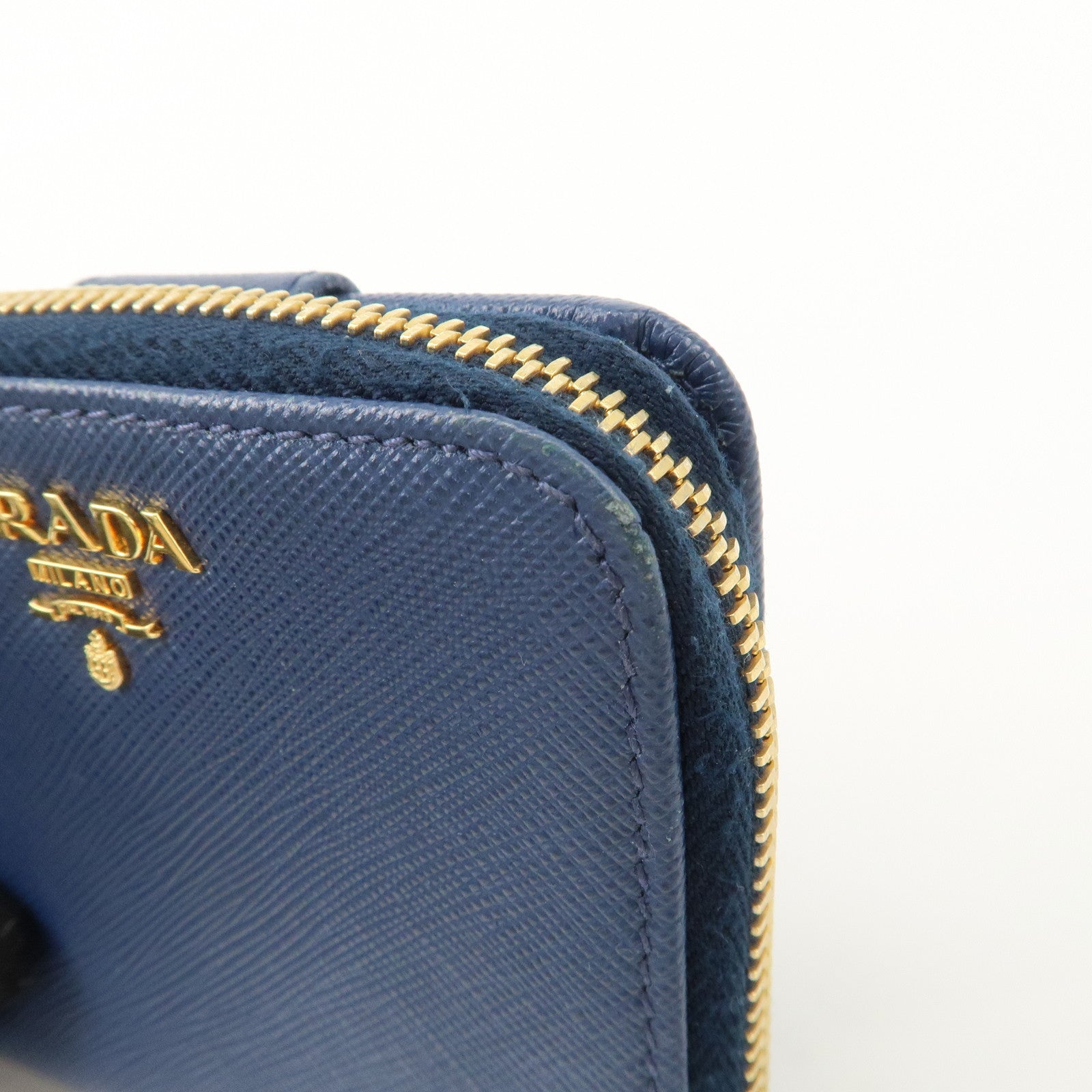 PRADA Logo Leather Round Zippy Bi-fold Wallet Blue 1ML522 Used